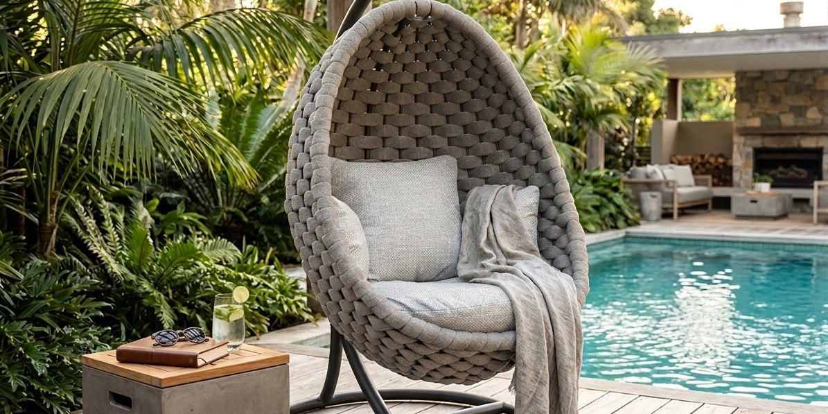 Wicker chair with cushions on a wooden deck by a poolside
