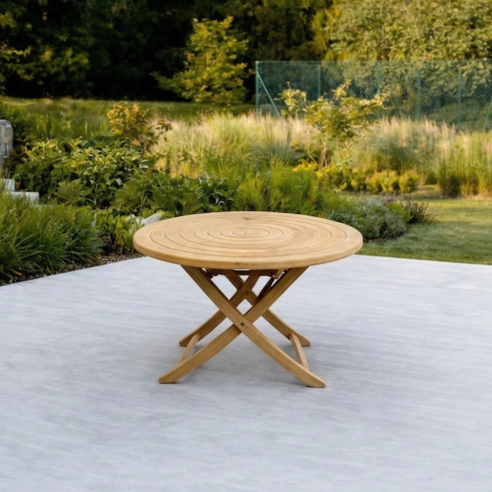 folding circular table in roble from the Alexander Rose Bengal range