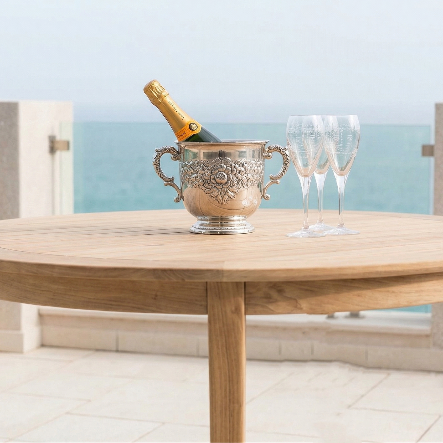 Silver champagne cooler with a bottle of champagne and two glasses on a wooden table by the sea.