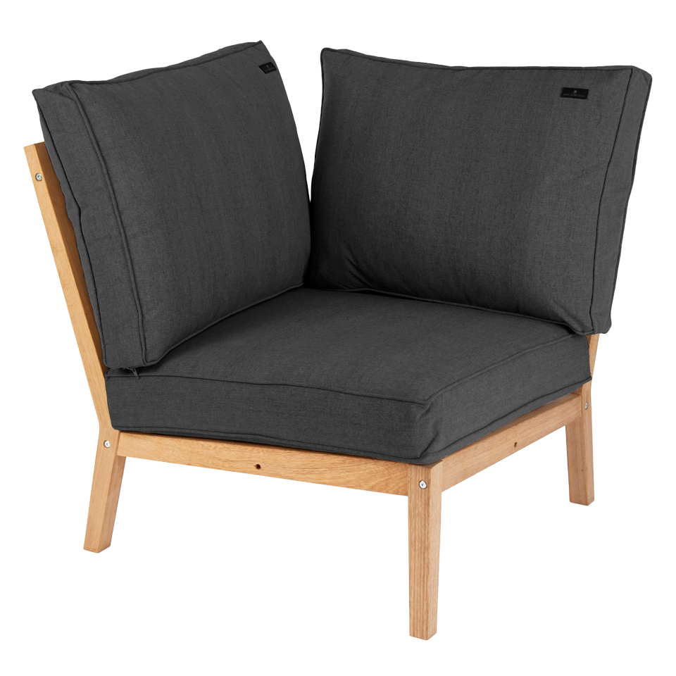 Tivoli corner module with dark grey cushions and hardwood frame