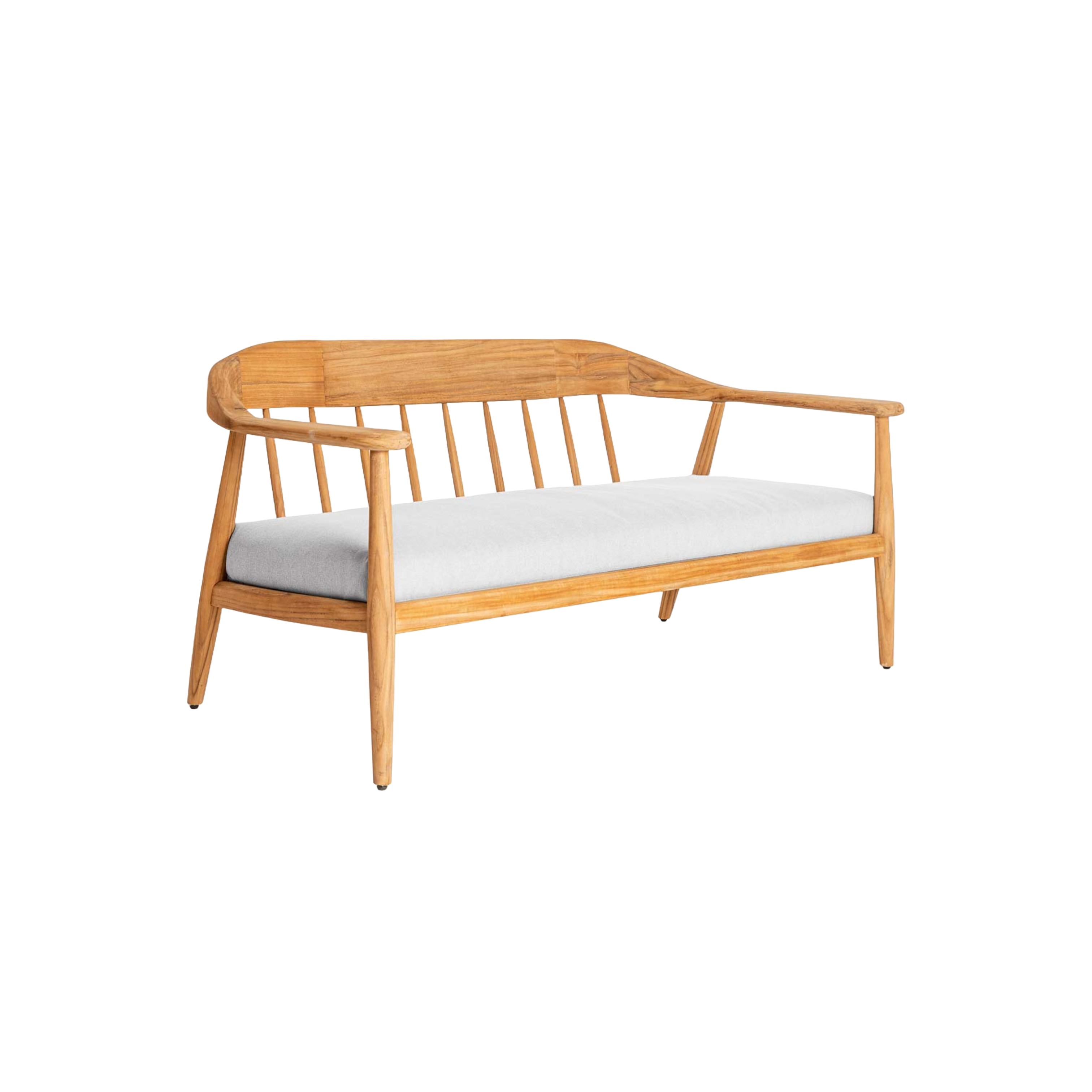 Elegant curved two seater teak garden sofa with light grey seat cuxhions