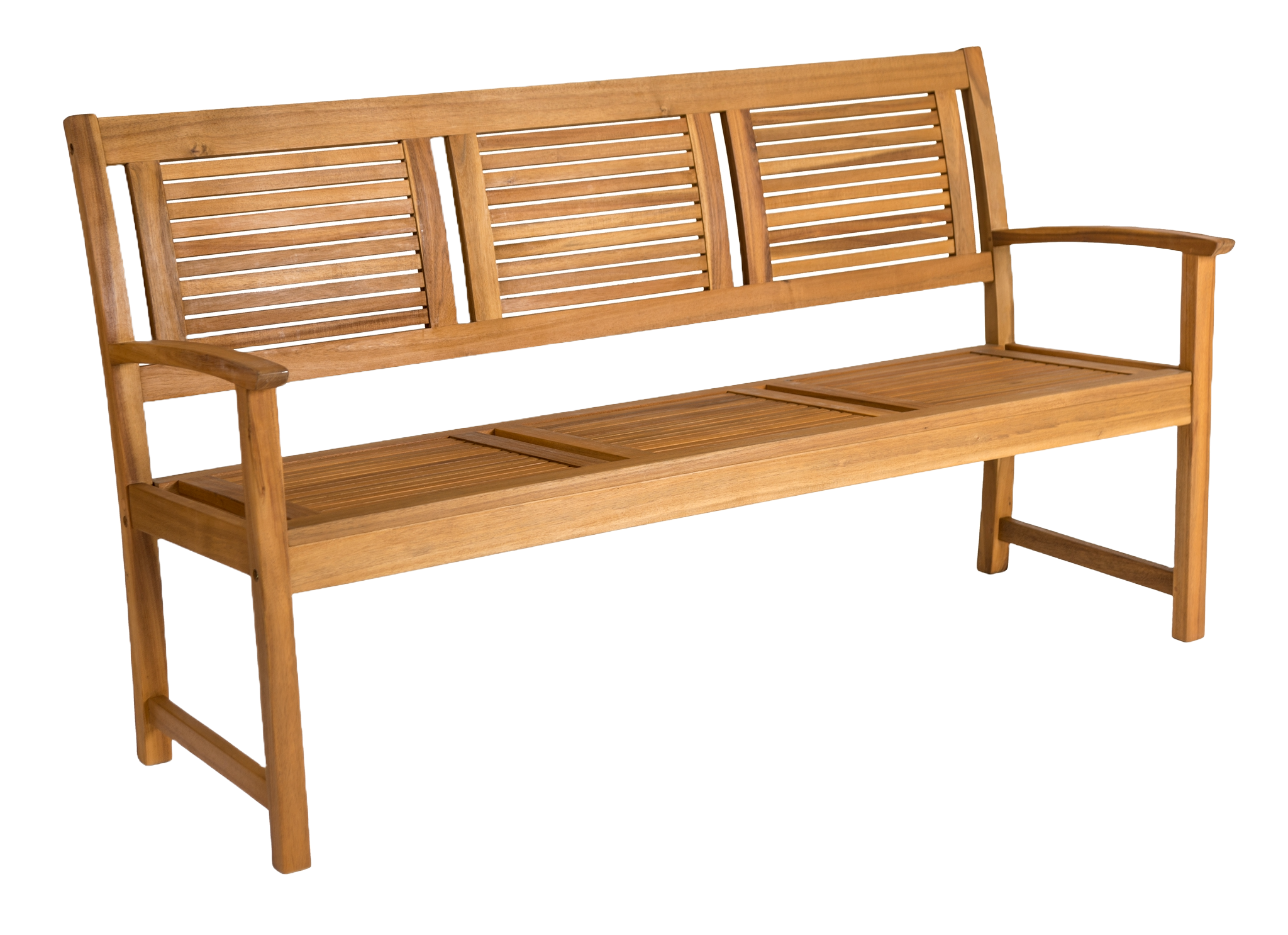 Wooden bench with slatted design on a white background