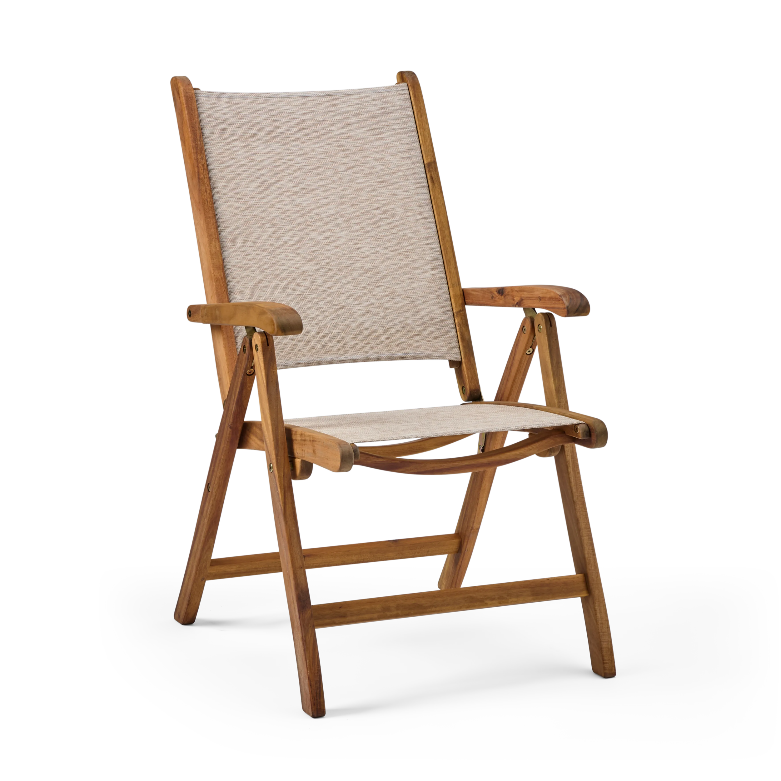 Wooden folding chair with beige fabric seat and backrest on a white background