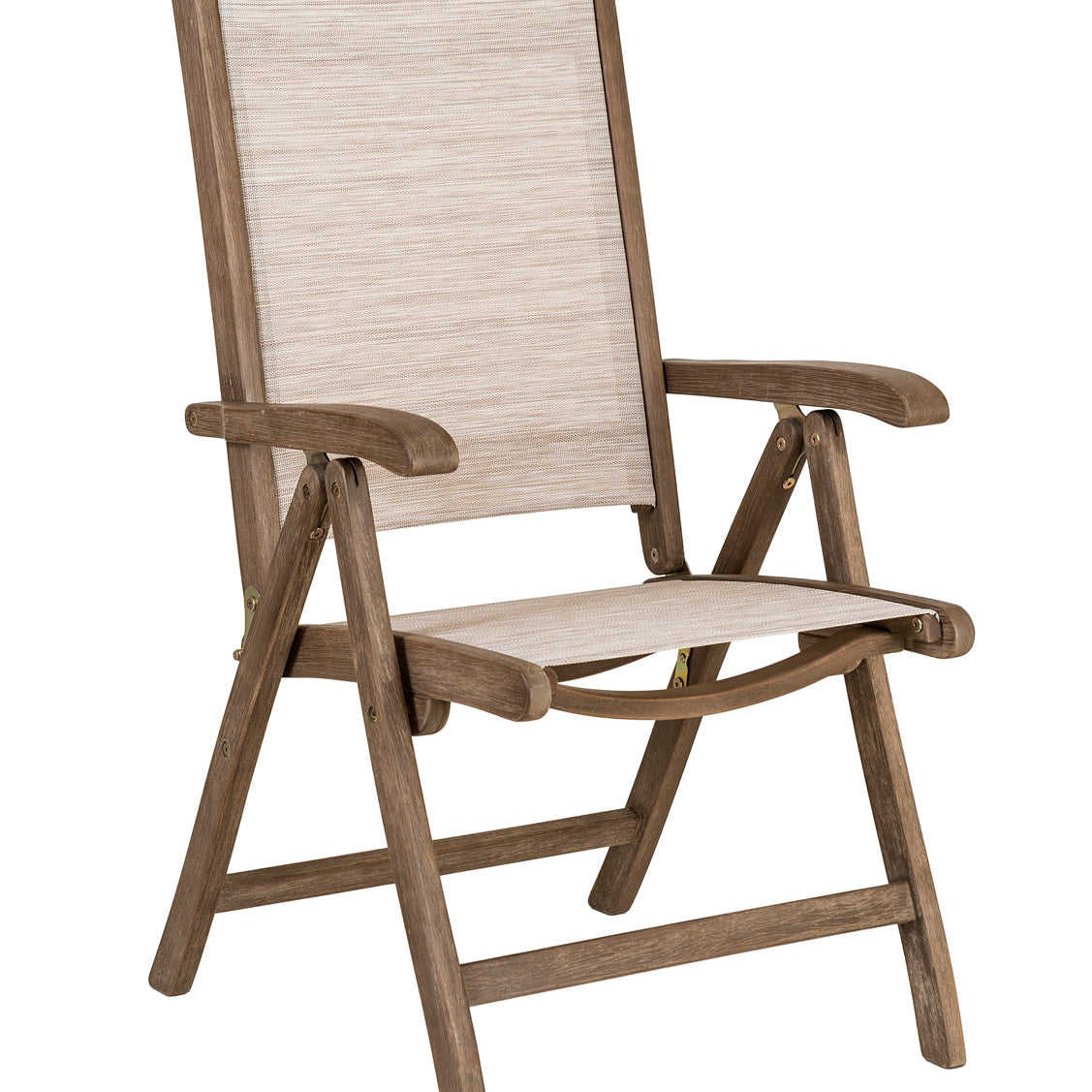 Wooden sling recliner chair with beige woven seat and backrest on a white background