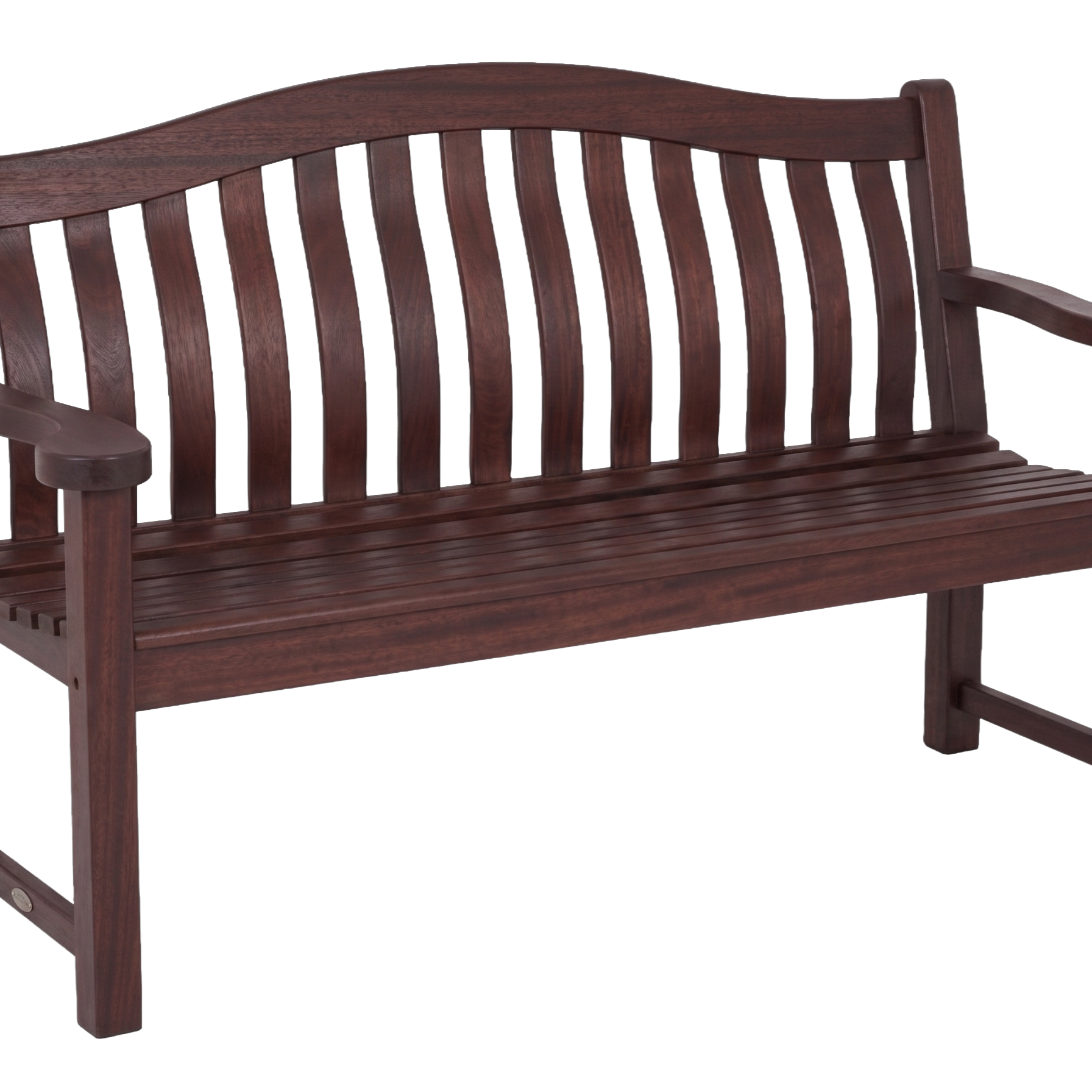A mahogany wooden garden bench with a slatted backrest and curved top, shown on a plain white background.