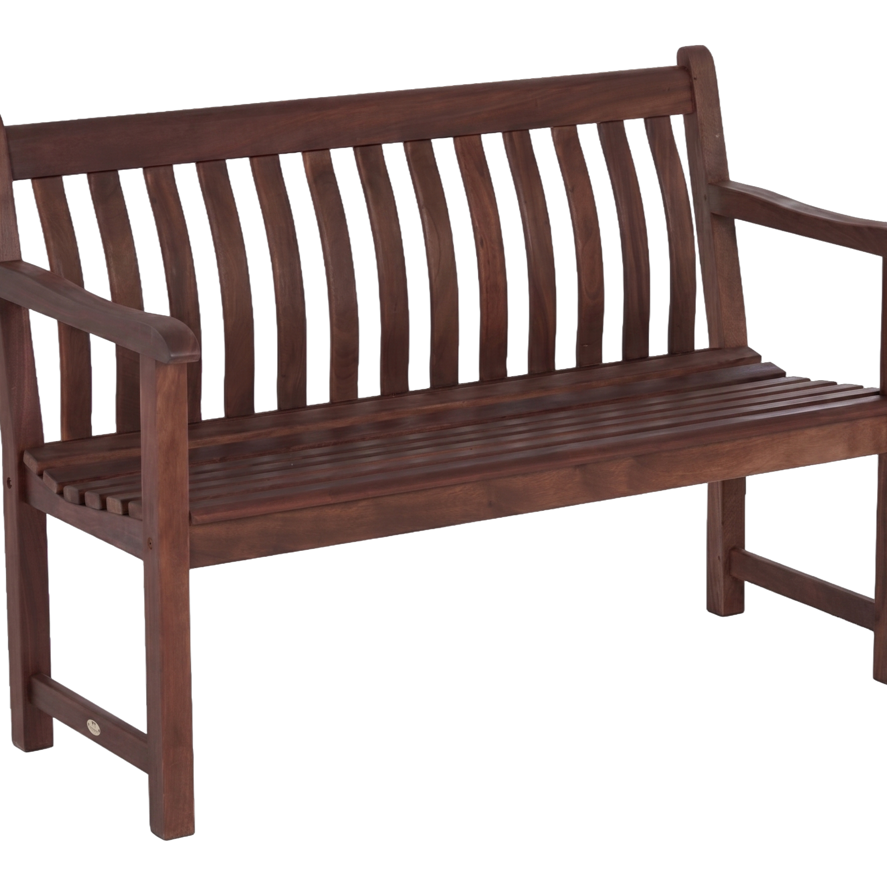 A mahogany wooden garden bench with a slatted backrest and seat, shown from a three-quarter angle on a plain white background.