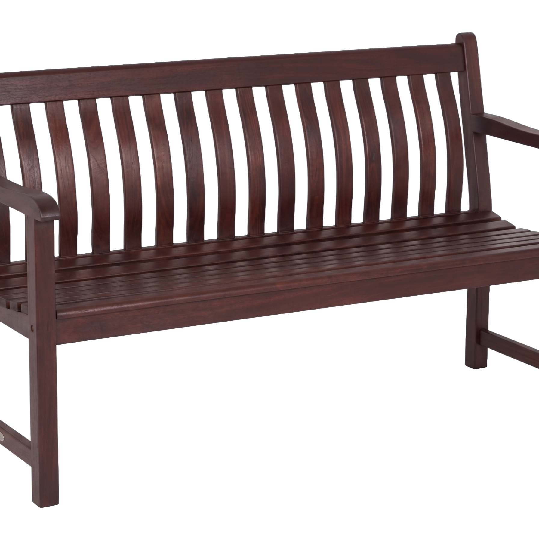 A mahogany wooden bench with a slatted back and seat, featuring armrests, shown against a plain white background.