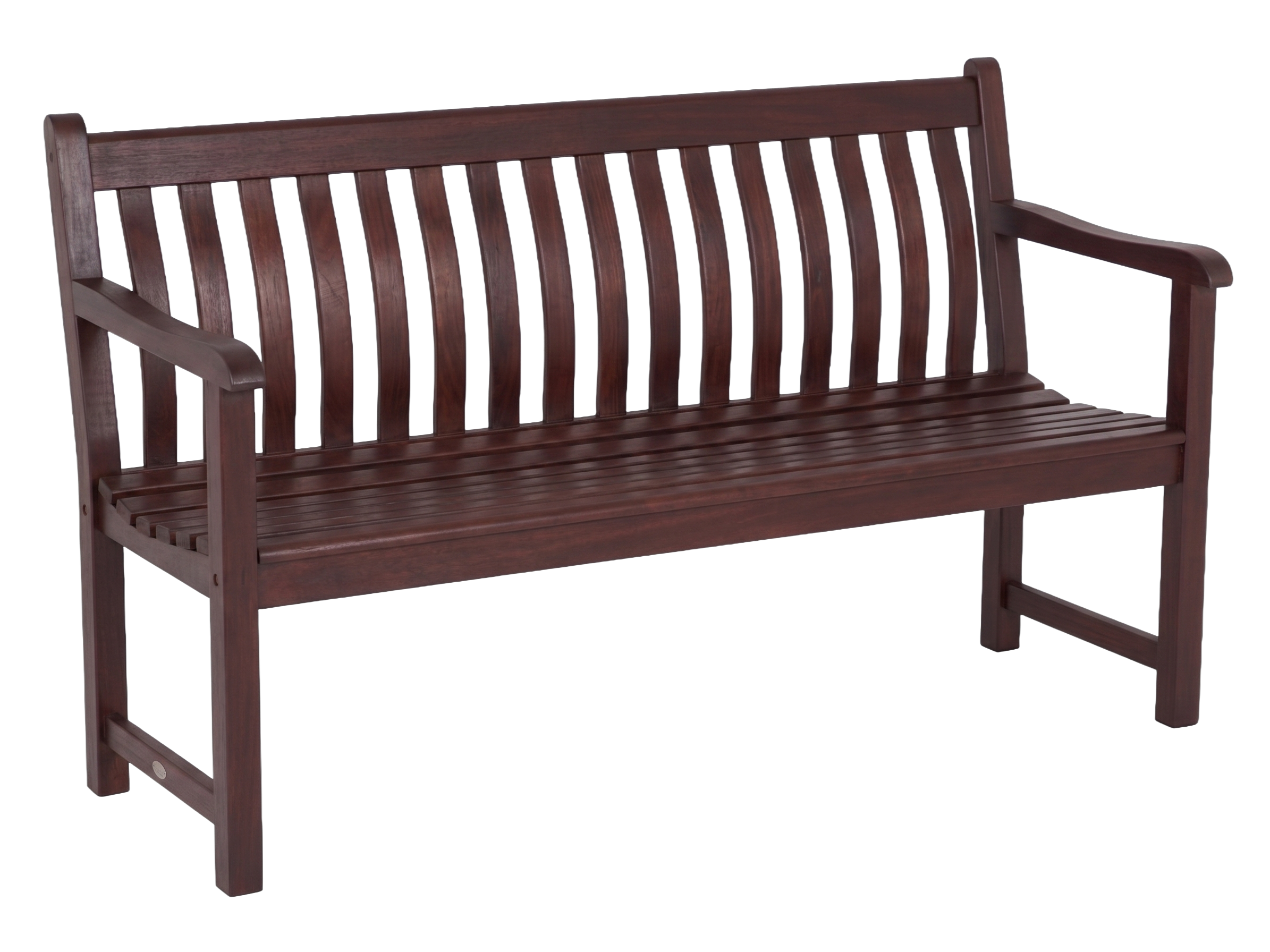 A mahogany wooden bench with a slatted back and seat, featuring armrests, shown against a plain white background.