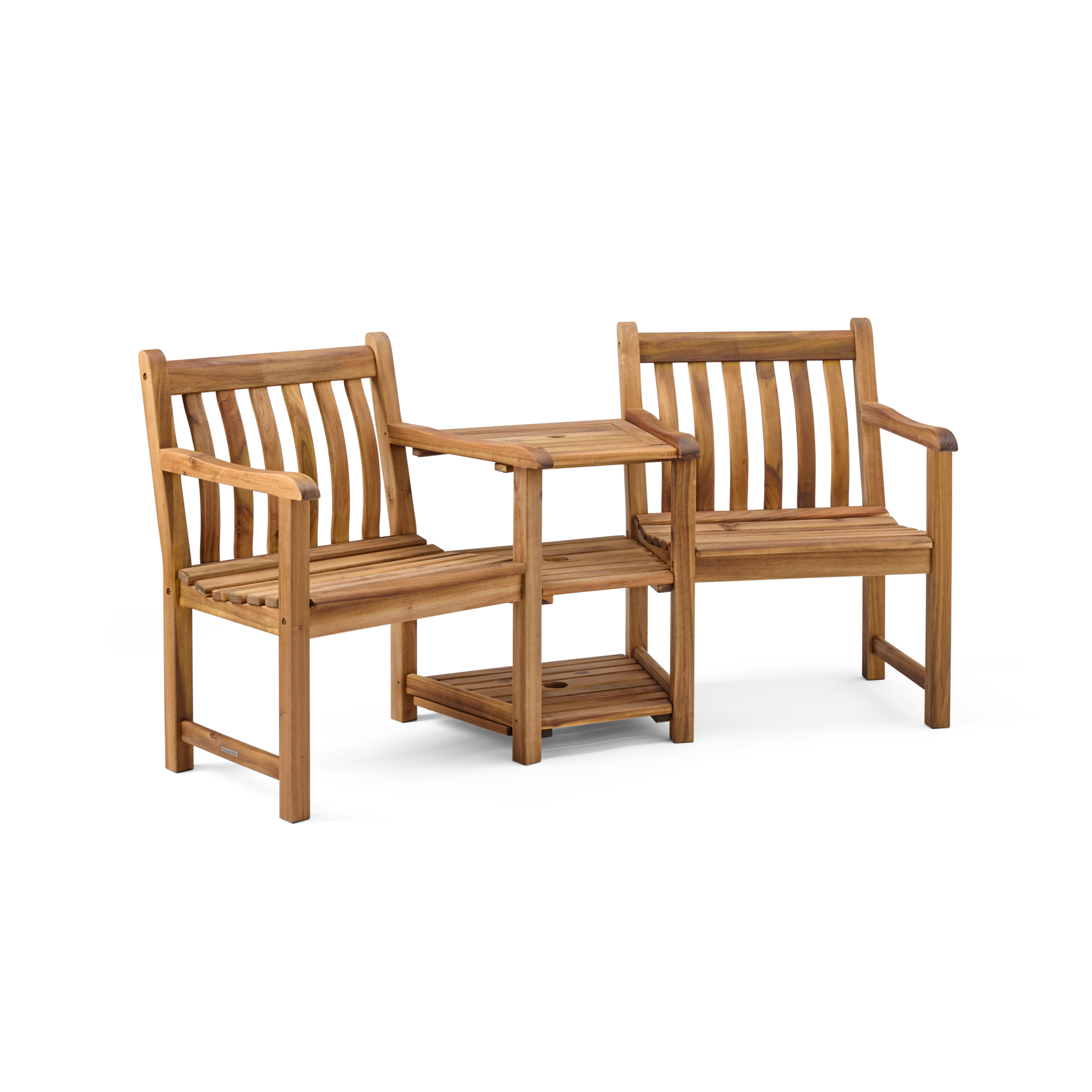 Wooden outdoor furniture set with two chairs and a small table on a white background