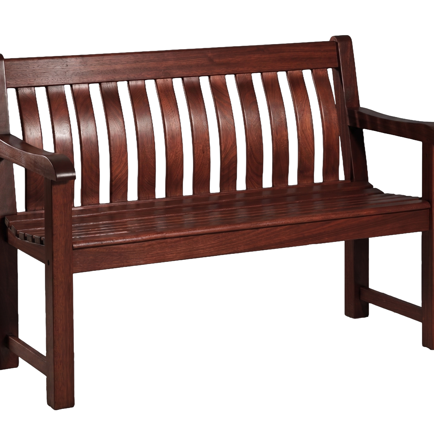 A wooden garden bench in mahogany finish, featuring a slatted backrest, armrests, and a slatted seat, shown against a plain white background.