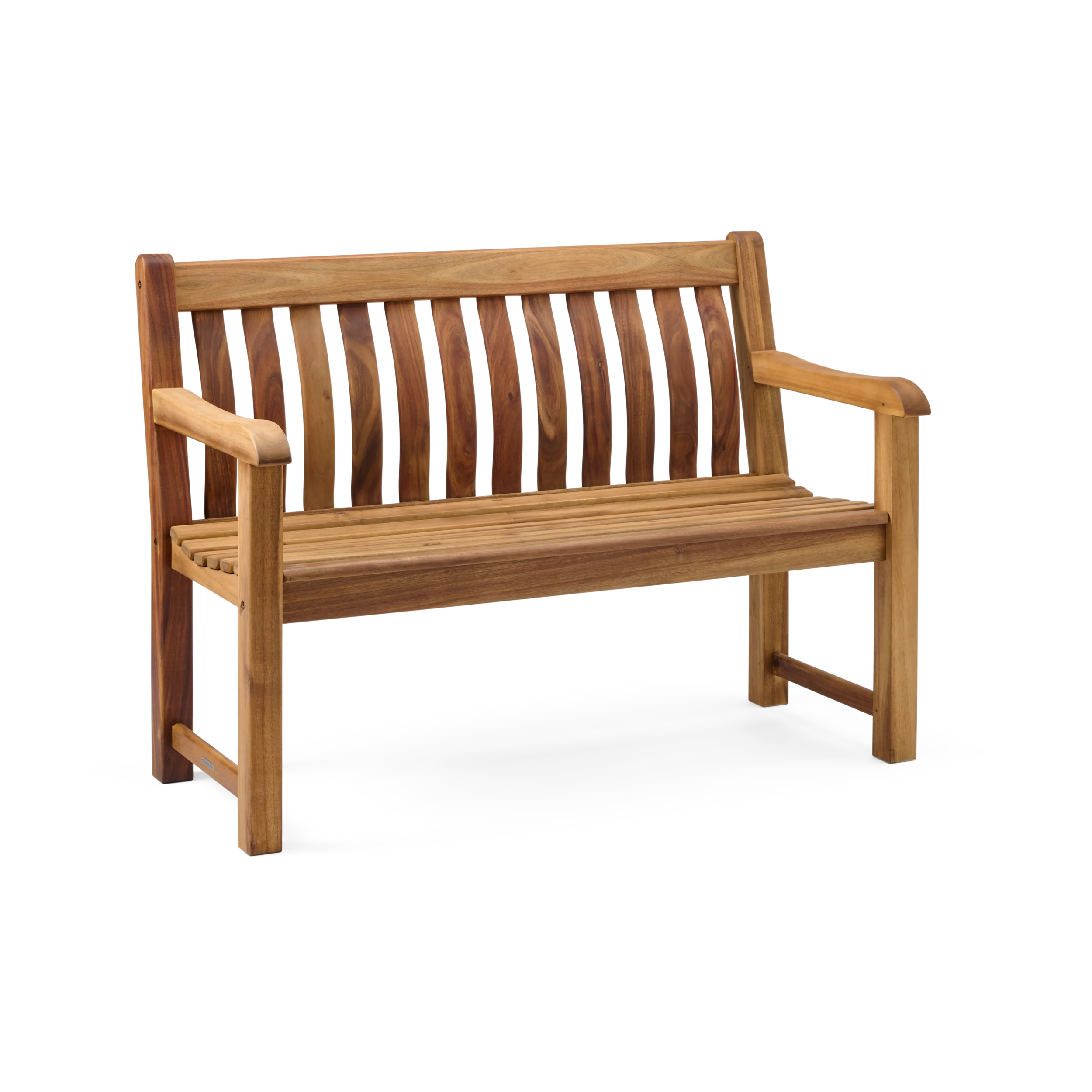 Wooden bench with slatted backrest on a white background