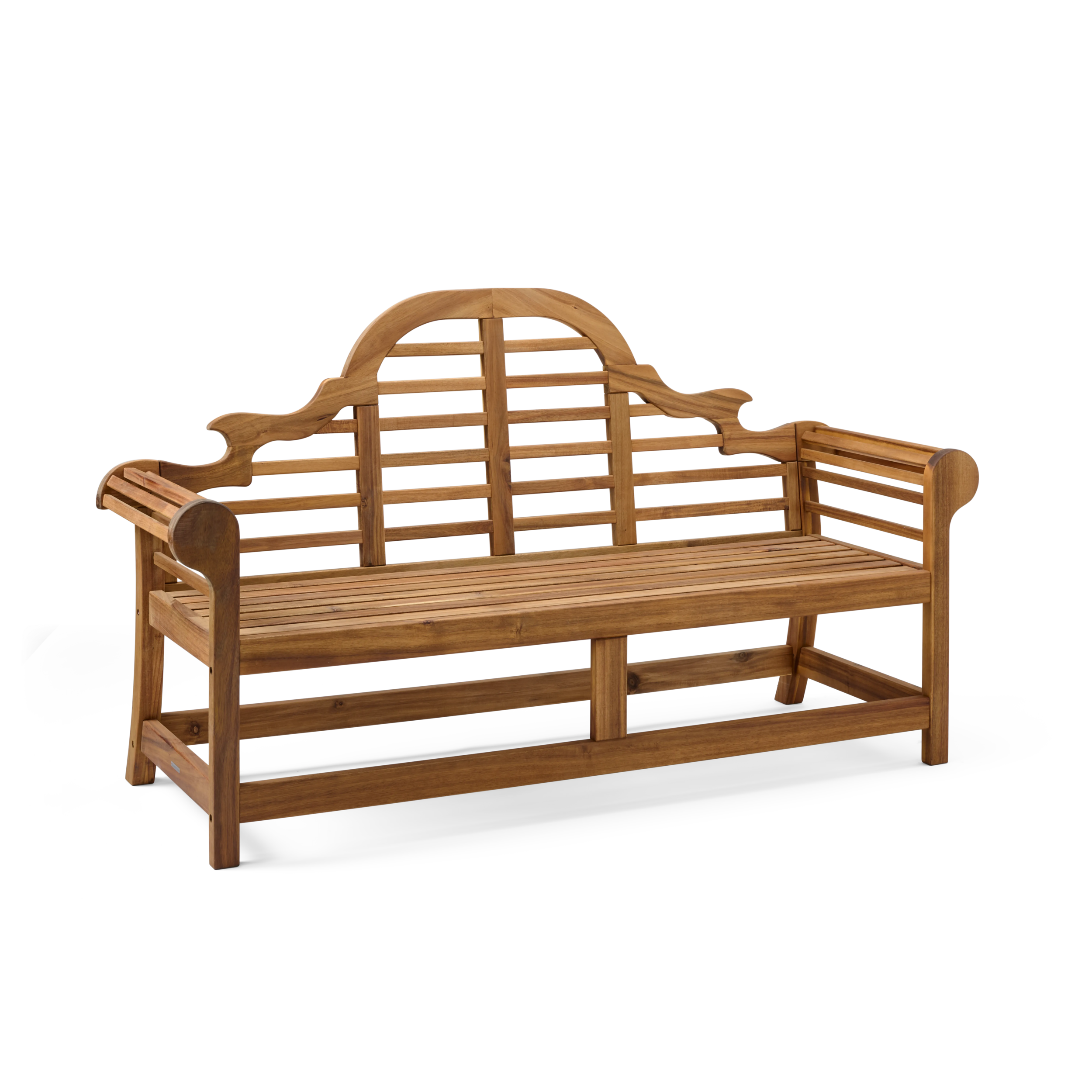 Wooden bench with lattice backrest on a white background