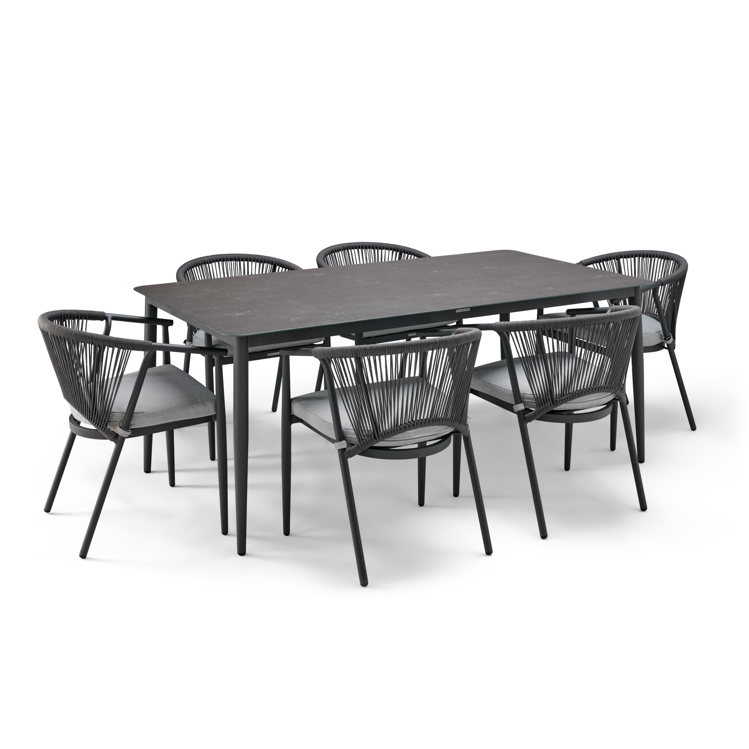 Dining table set with six chairs on a white background