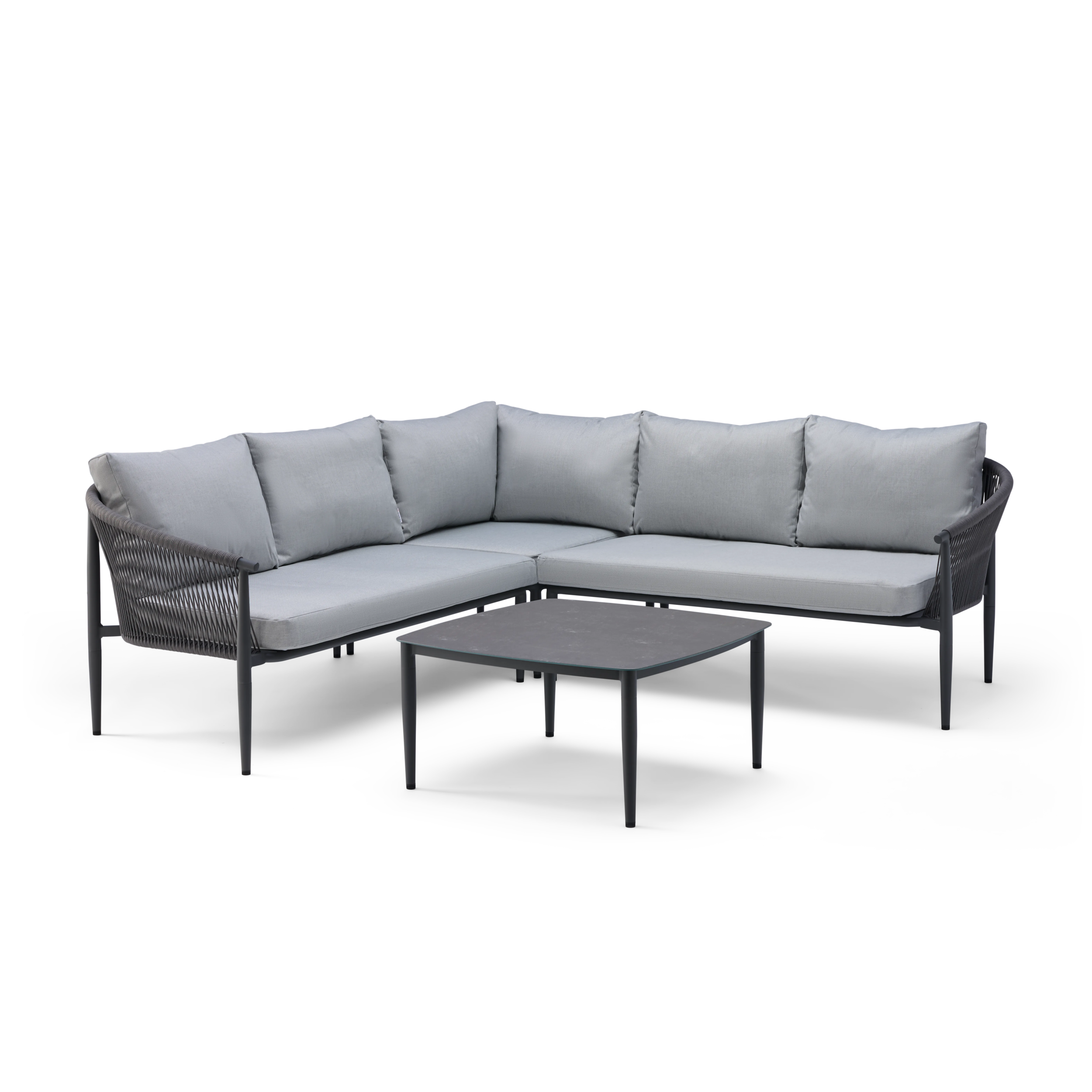 Sectional outdoor sofa with grey cushions and a matching coffee table