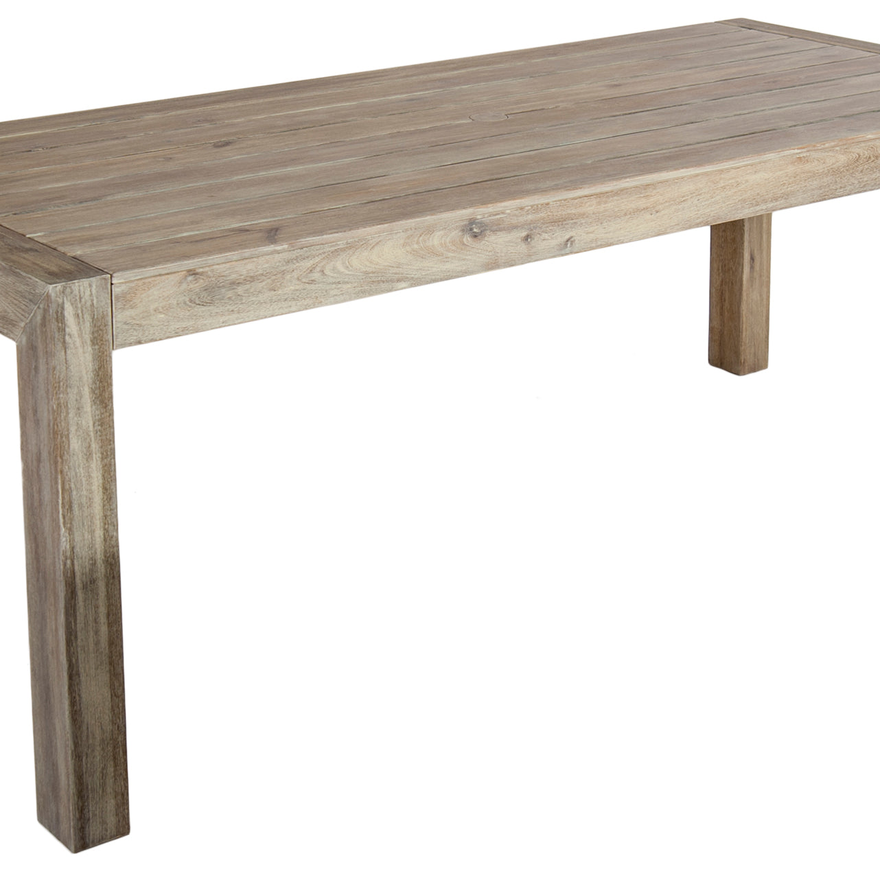 Wooden dining table with a weathered finish on a white background