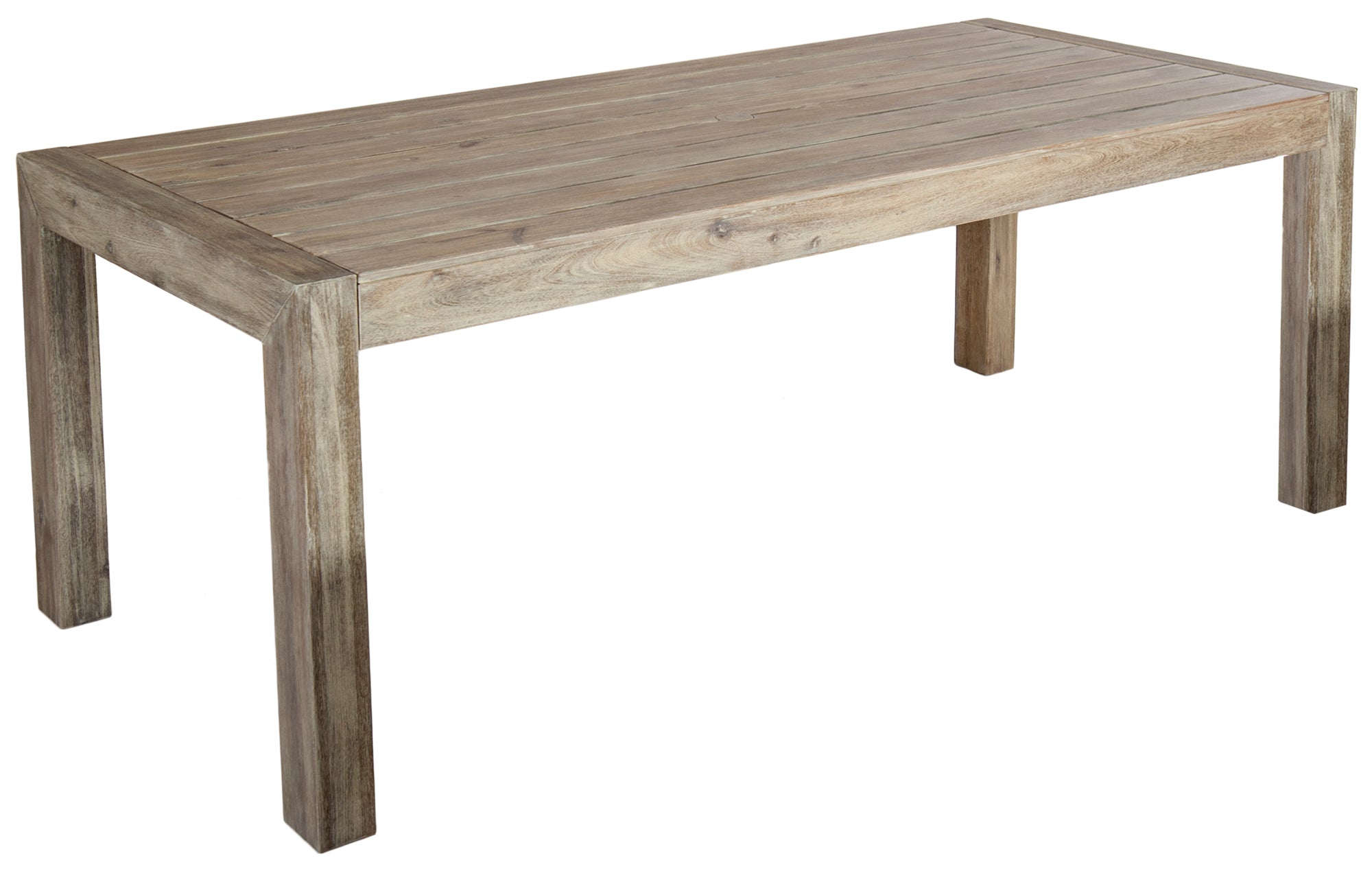 Wooden dining table with a weathered finish on a white background