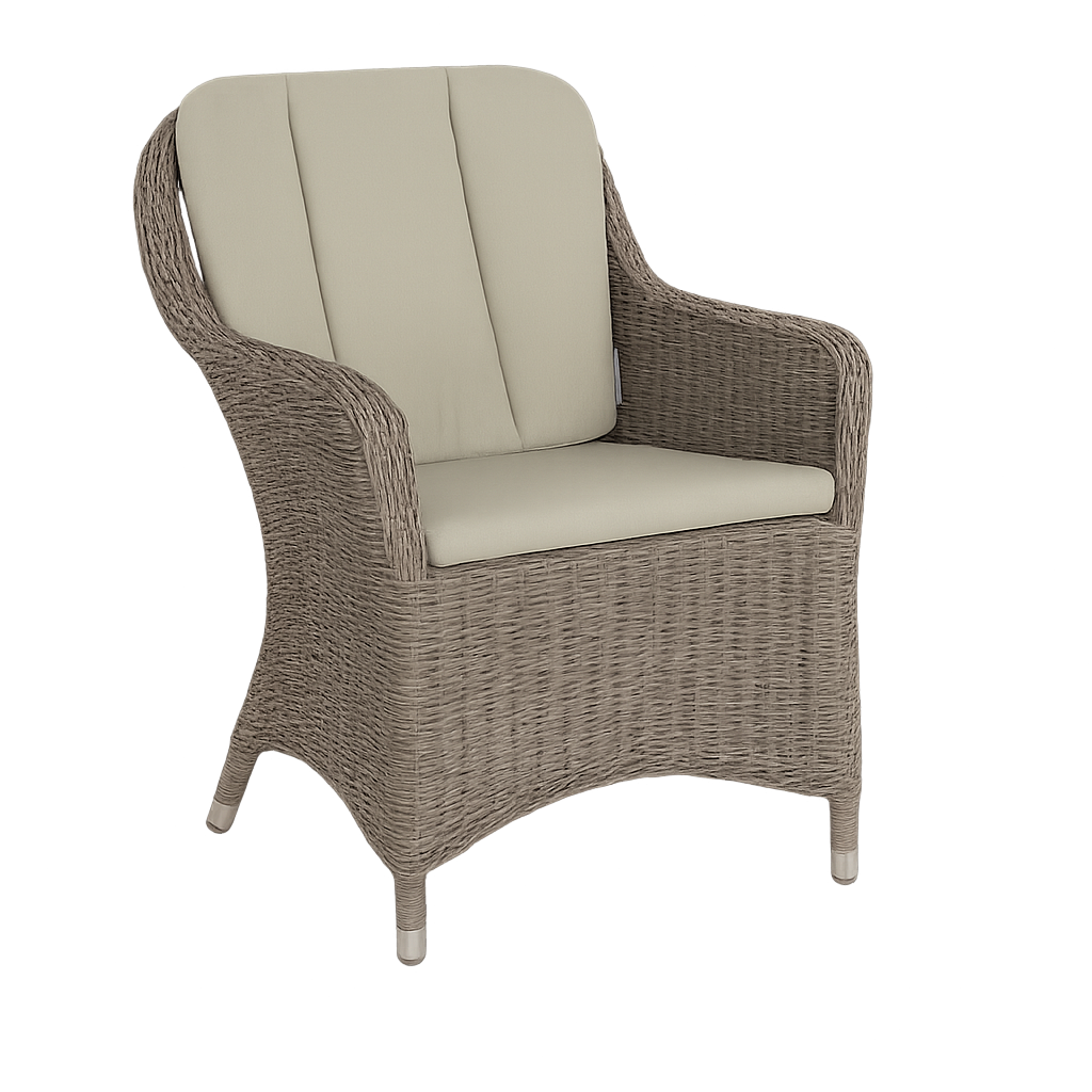 Handwoven wicker outdoor armchair with pistachio cushion