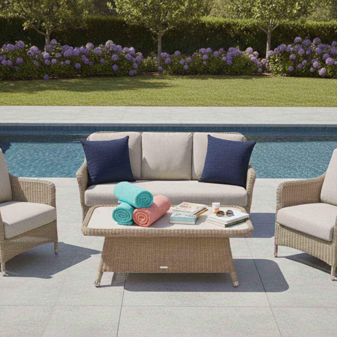 Outdoor patio set with furniture and towels by a pool