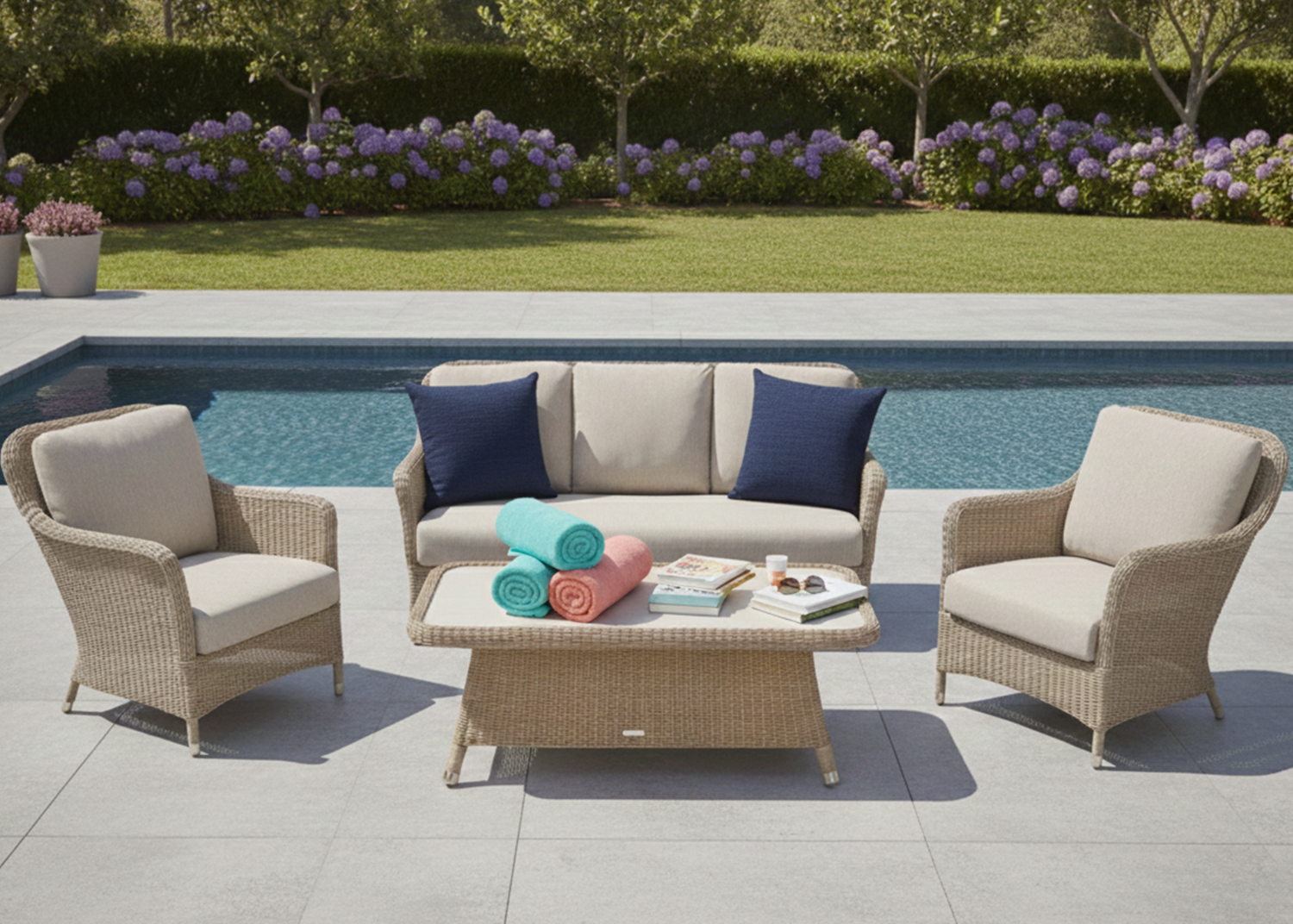 Outdoor patio set with furniture and towels by a pool