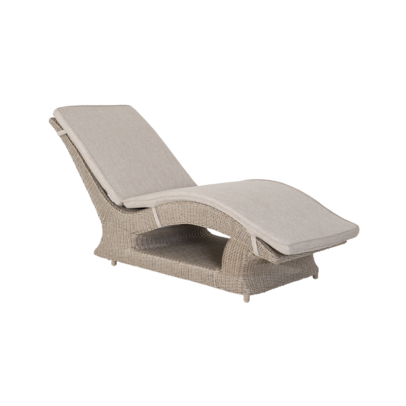 Beige wicker sun lounger with cushion on a white background