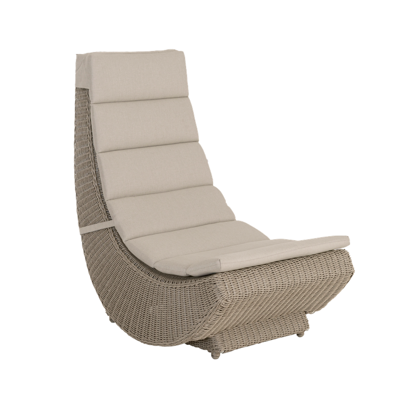 Beige wicker lounge chair with cushion on a white background