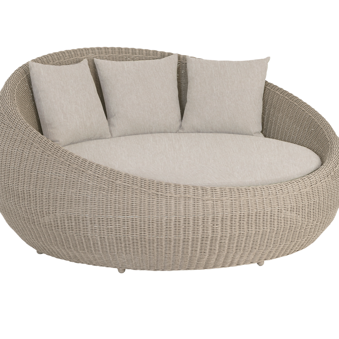 Round wicker outdoor sofa with cushions on a white background