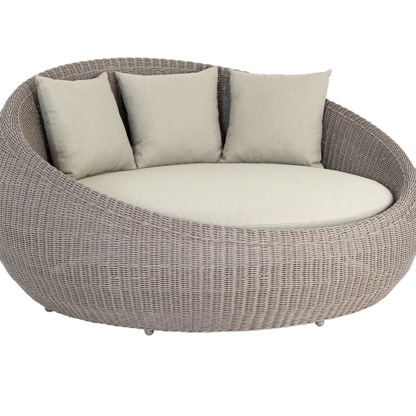 Round wicker outdoor sofa with cushions on a white background