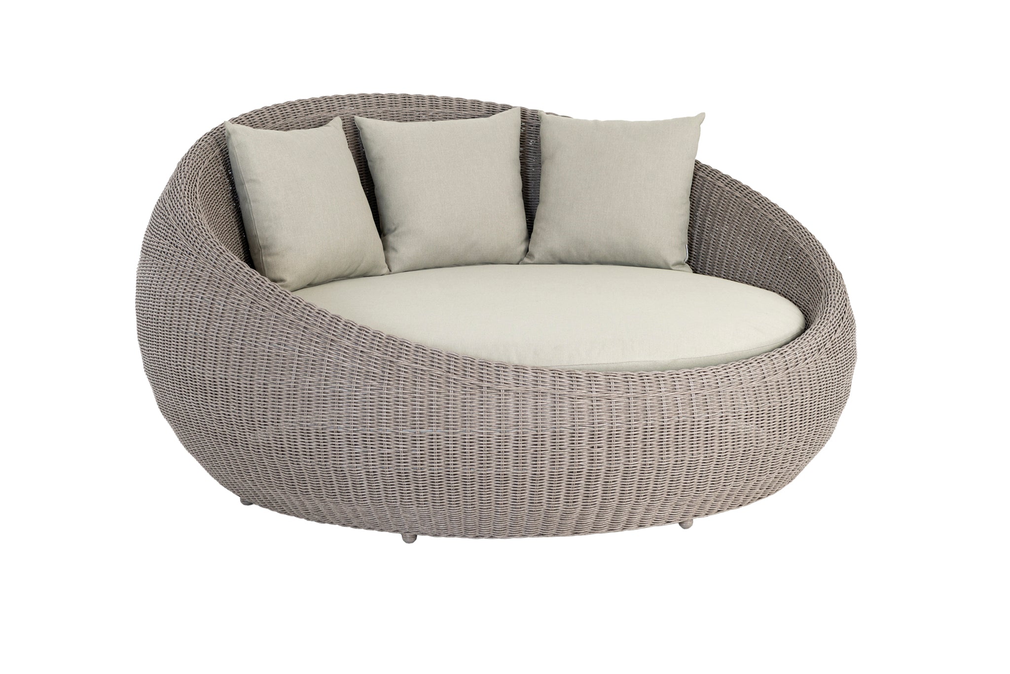 Round wicker outdoor sofa with cushions on a white background