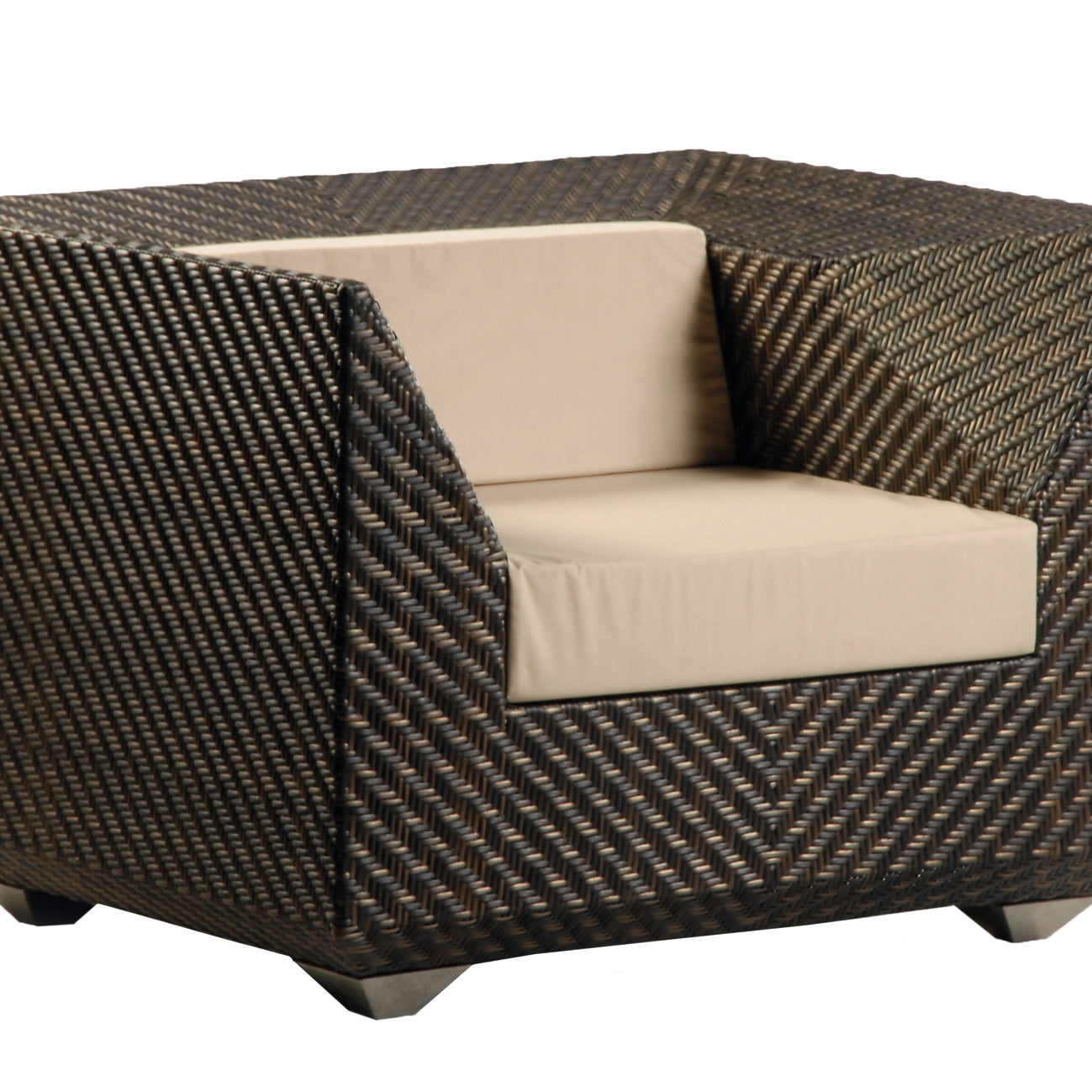 Wicker armchair with beige cushion on a white background