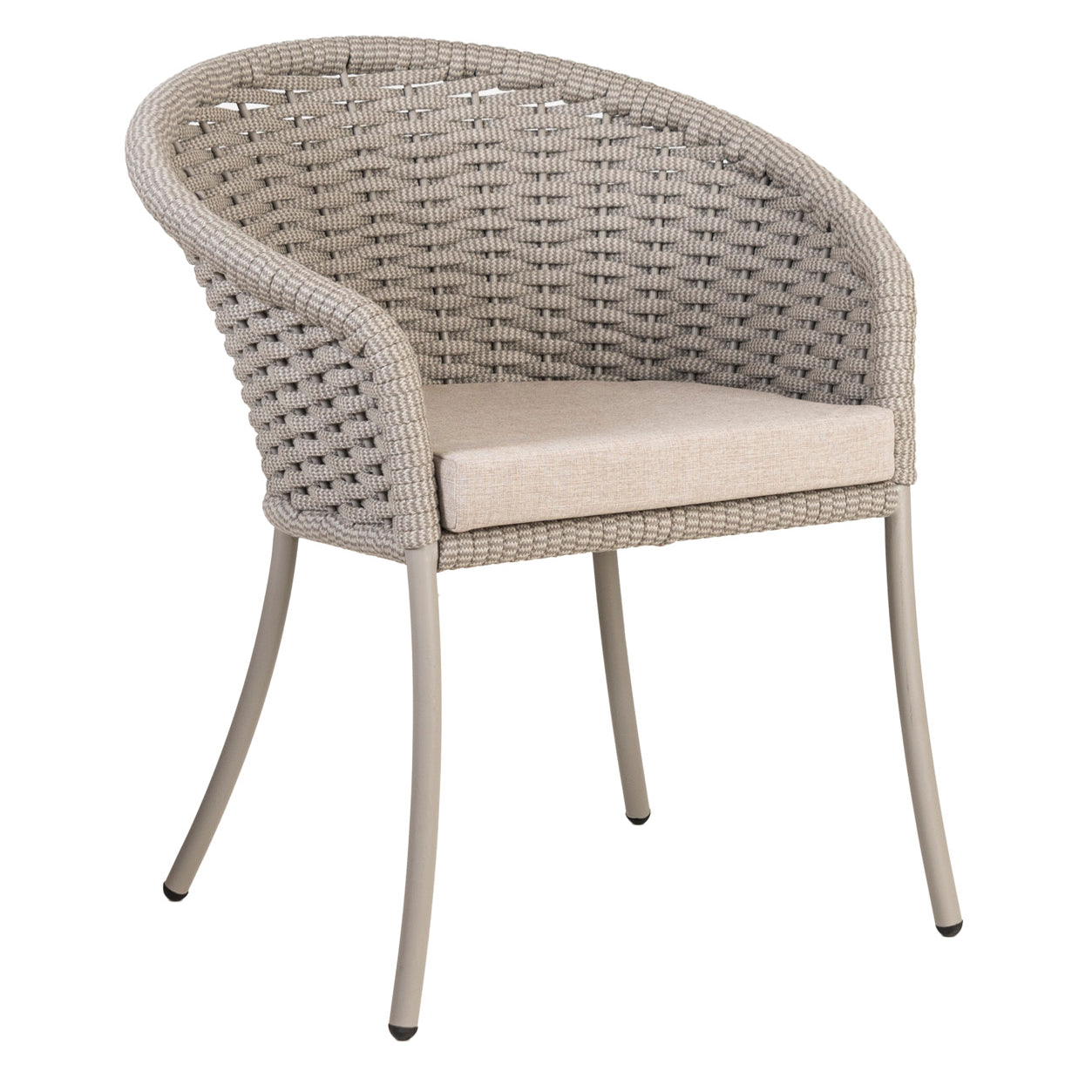 Rope-woven chair with a beige cushion on a white background