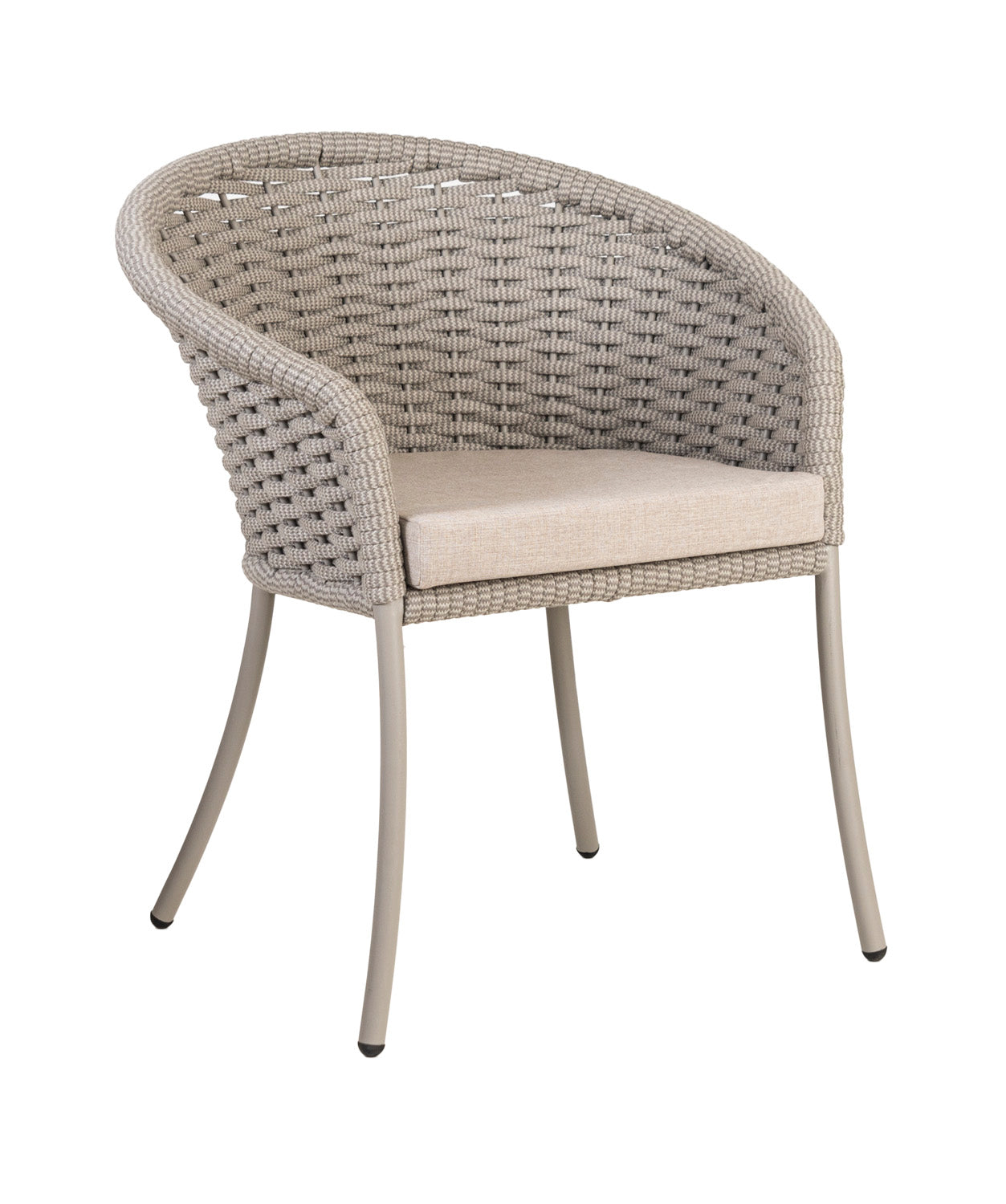 Rope-woven chair with a beige cushion on a white background