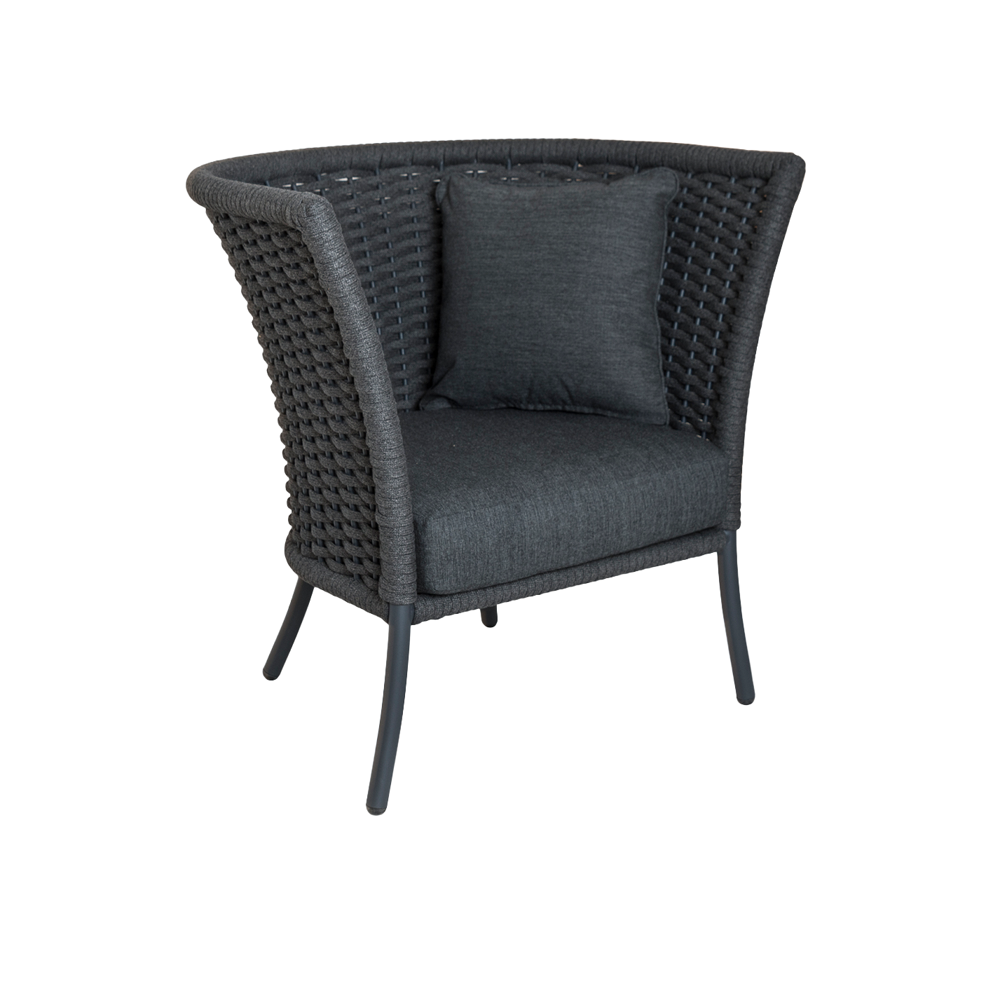 Black wicker chair with a cushion on a white background