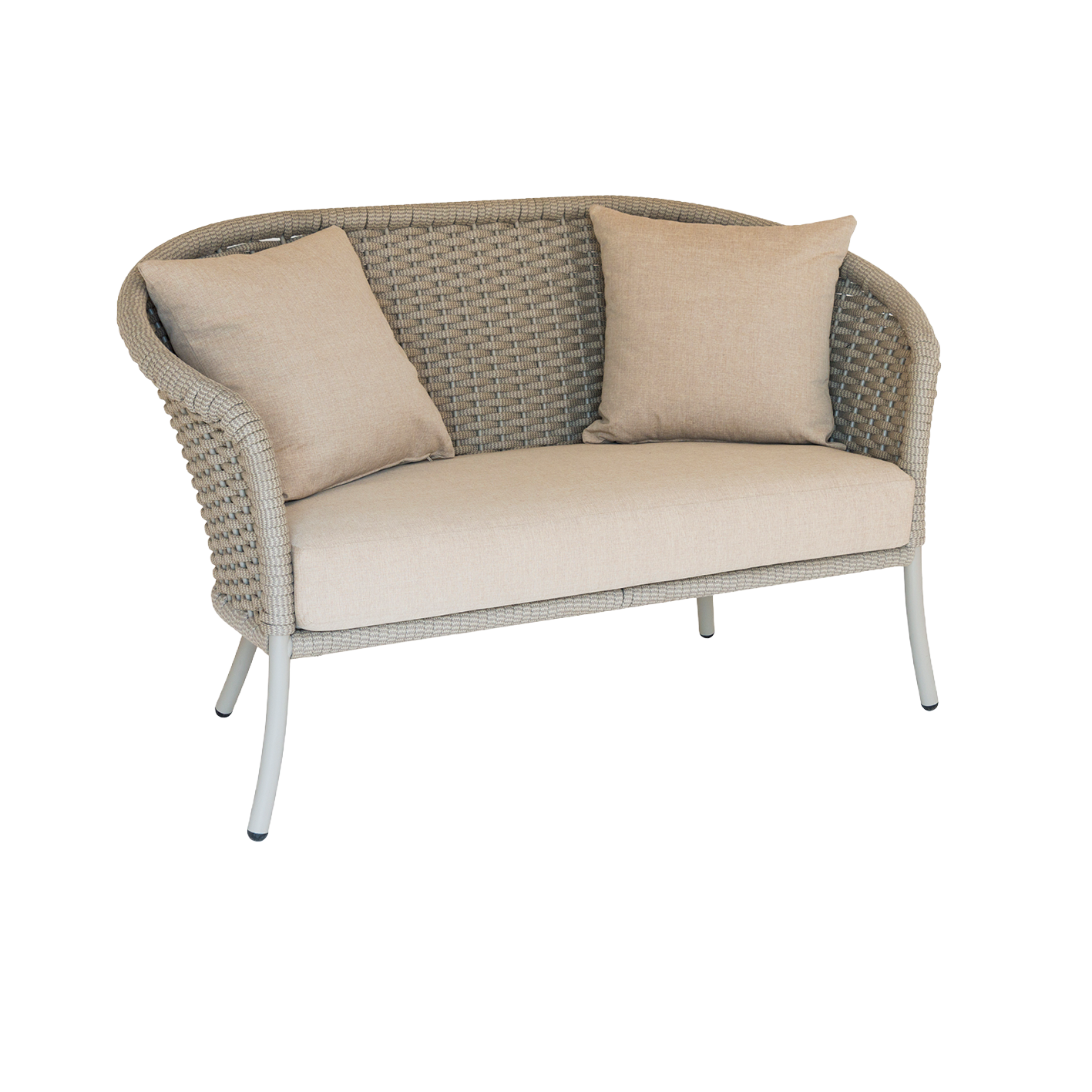 Wicker loveseat with beige cushions on a white background