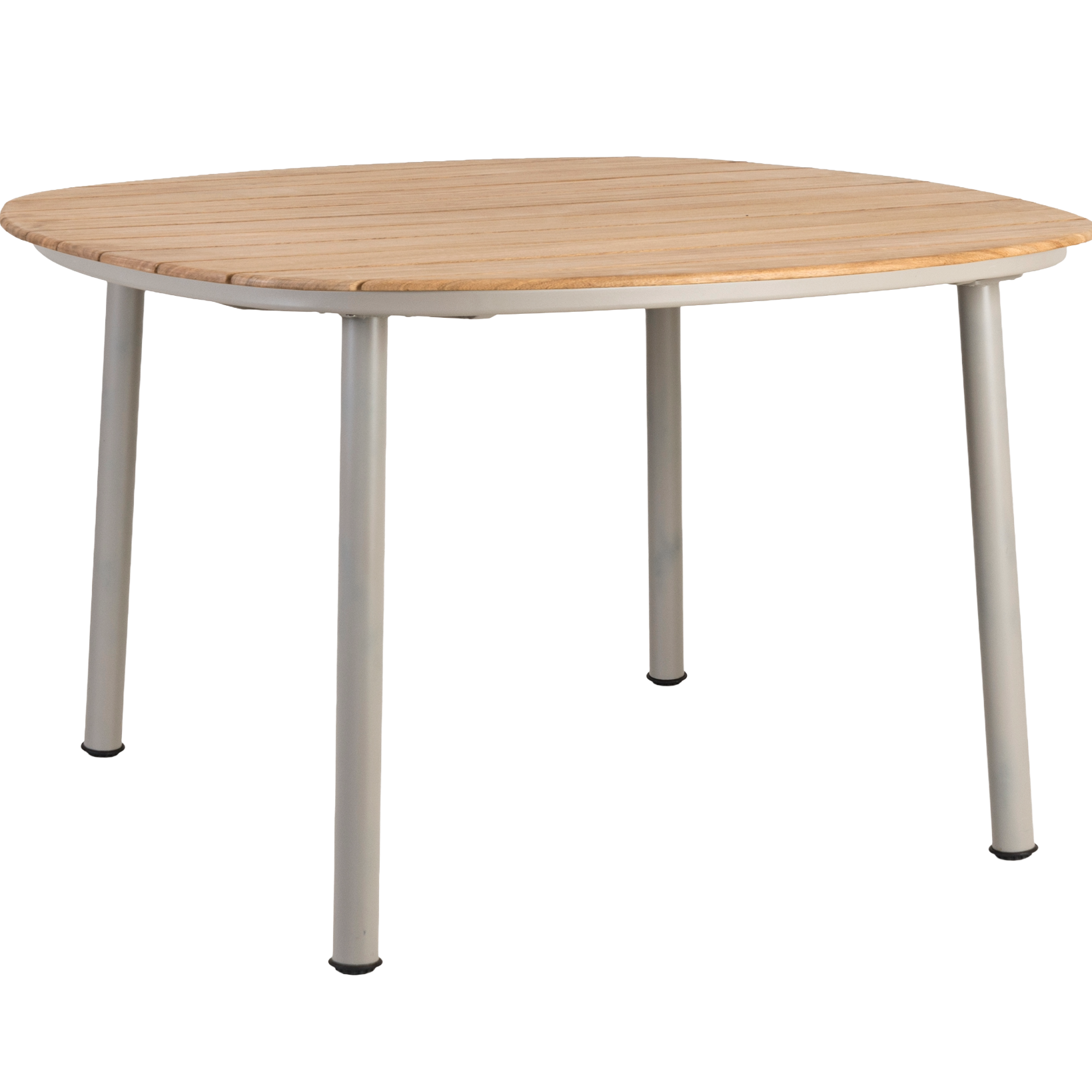 Round wooden table with white legs on a white background