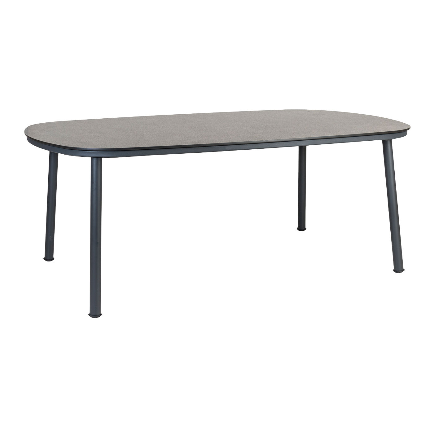 Oval-shaped table with a gray surface and black legs on a white background