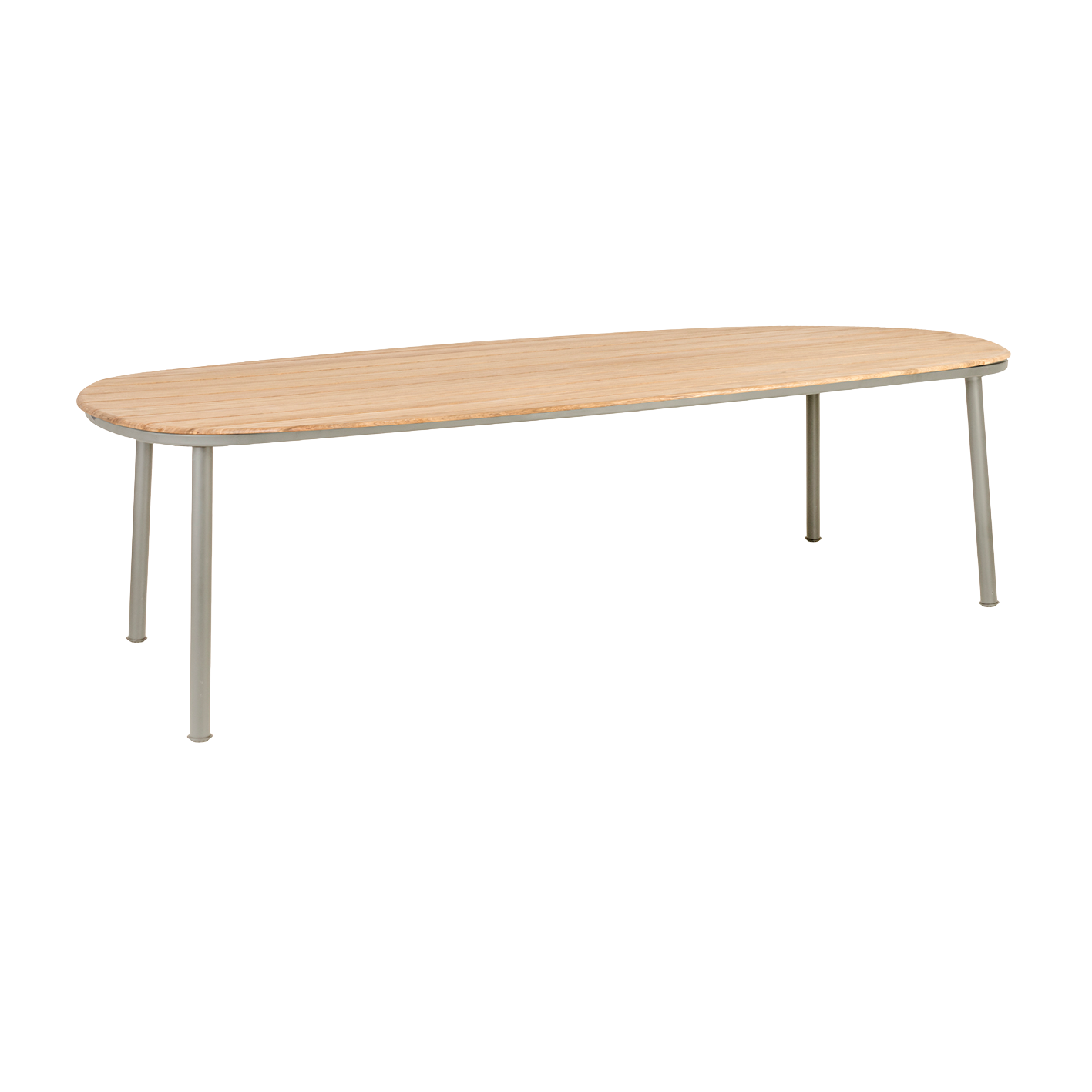 Long wooden table with metal legs on a white background