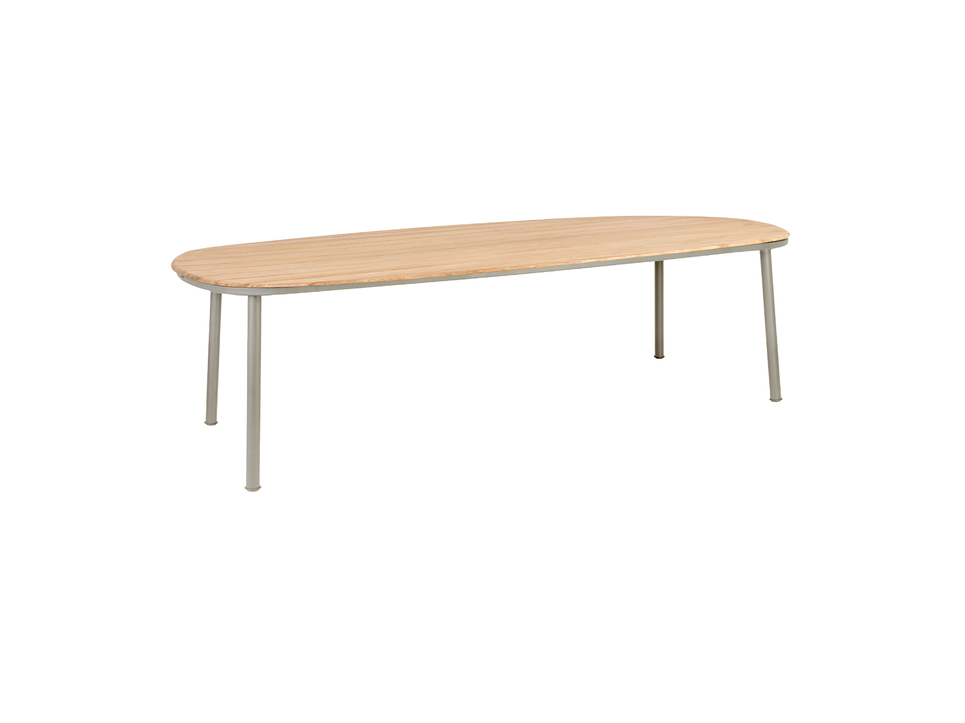 Long wooden table with metal legs on a white background