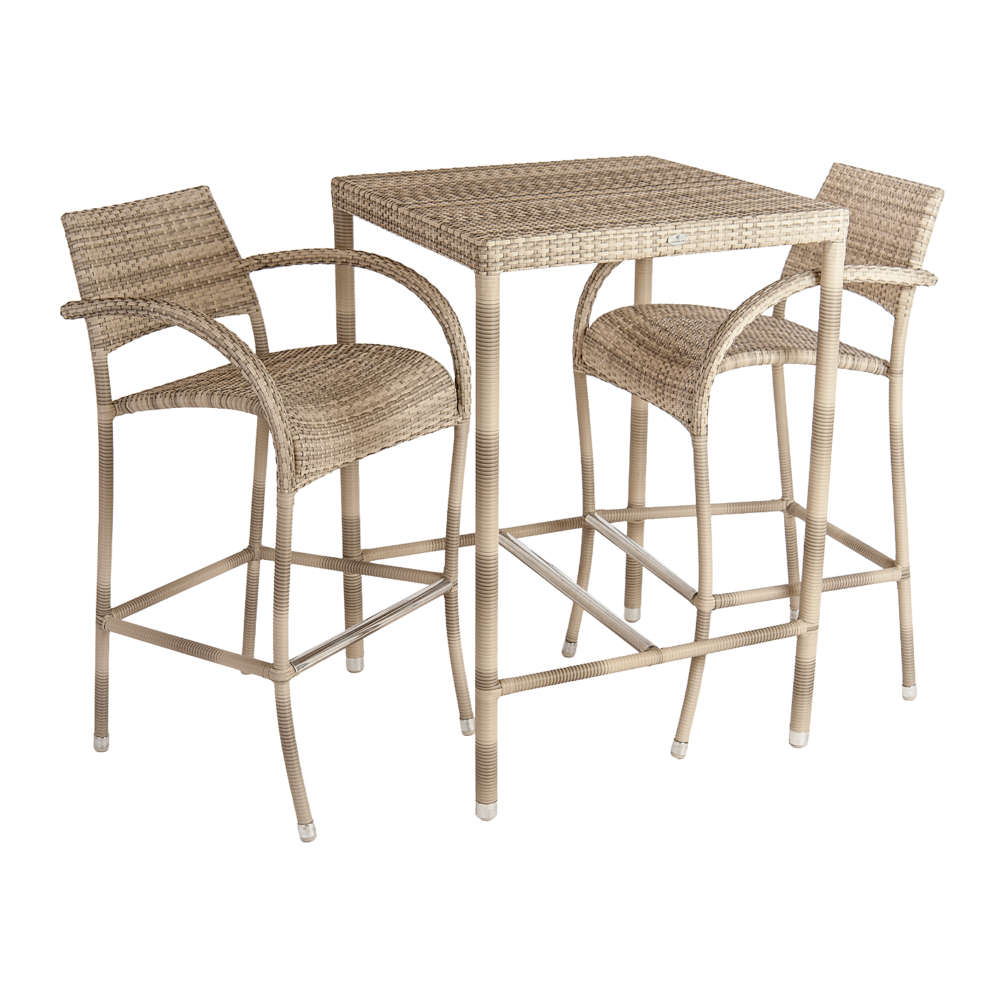 Wicker bar table with two matching stools on a white background