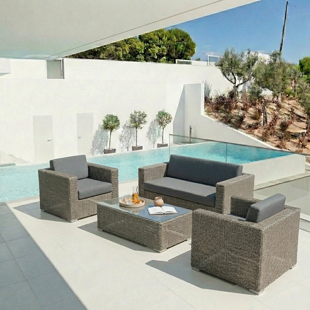 Outdoor patio lounge set by a poolside