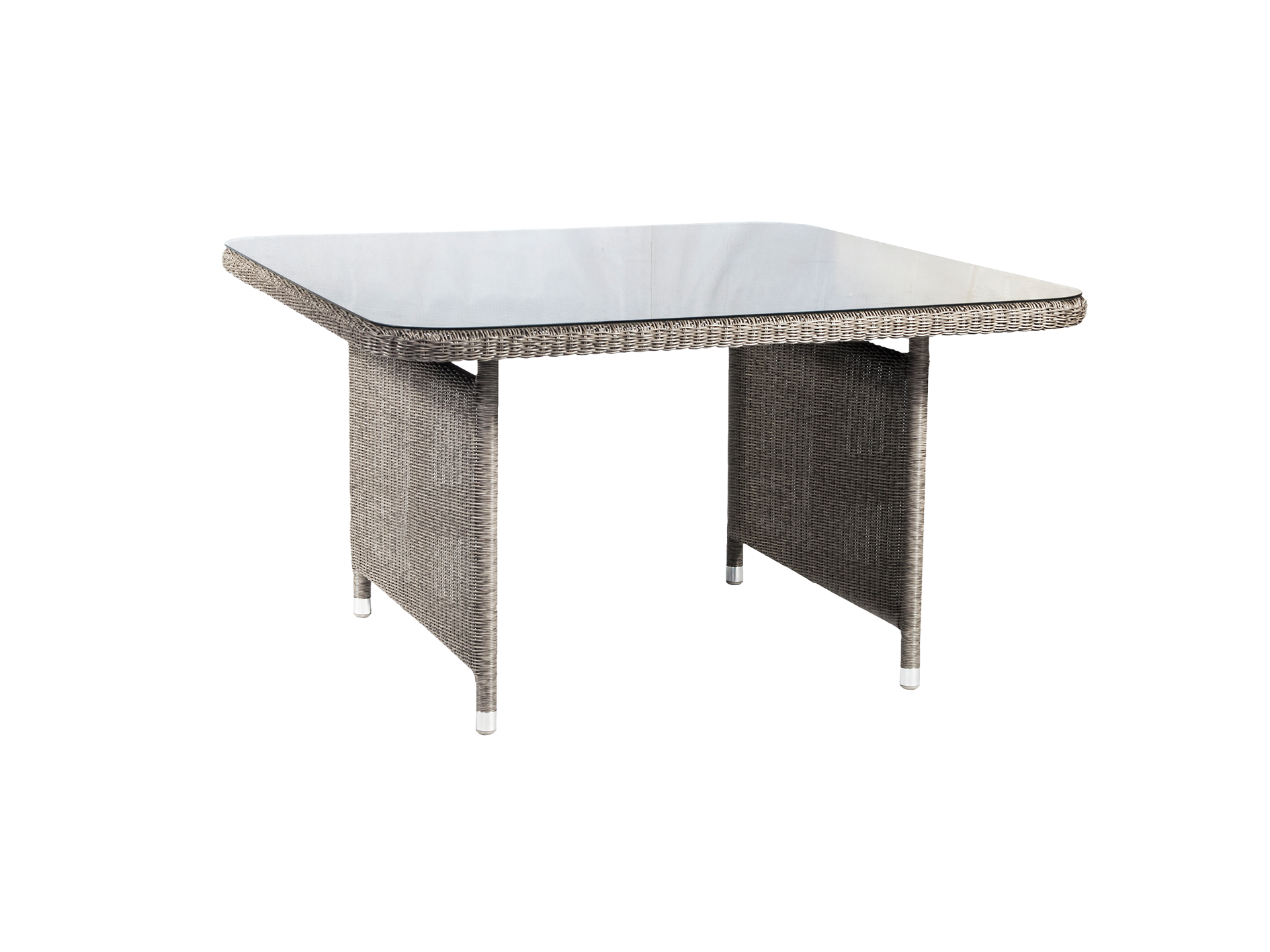 Square outdoor dining table with wicker frame and glass top on a white background