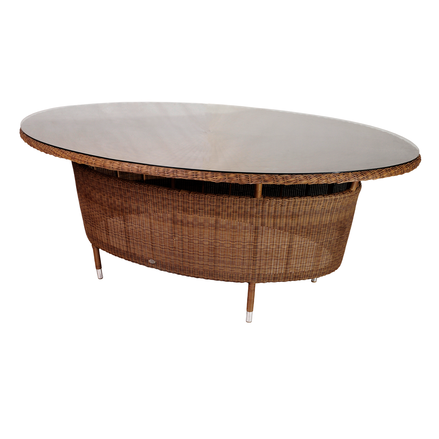 Round wicker table with a glass top on a white background