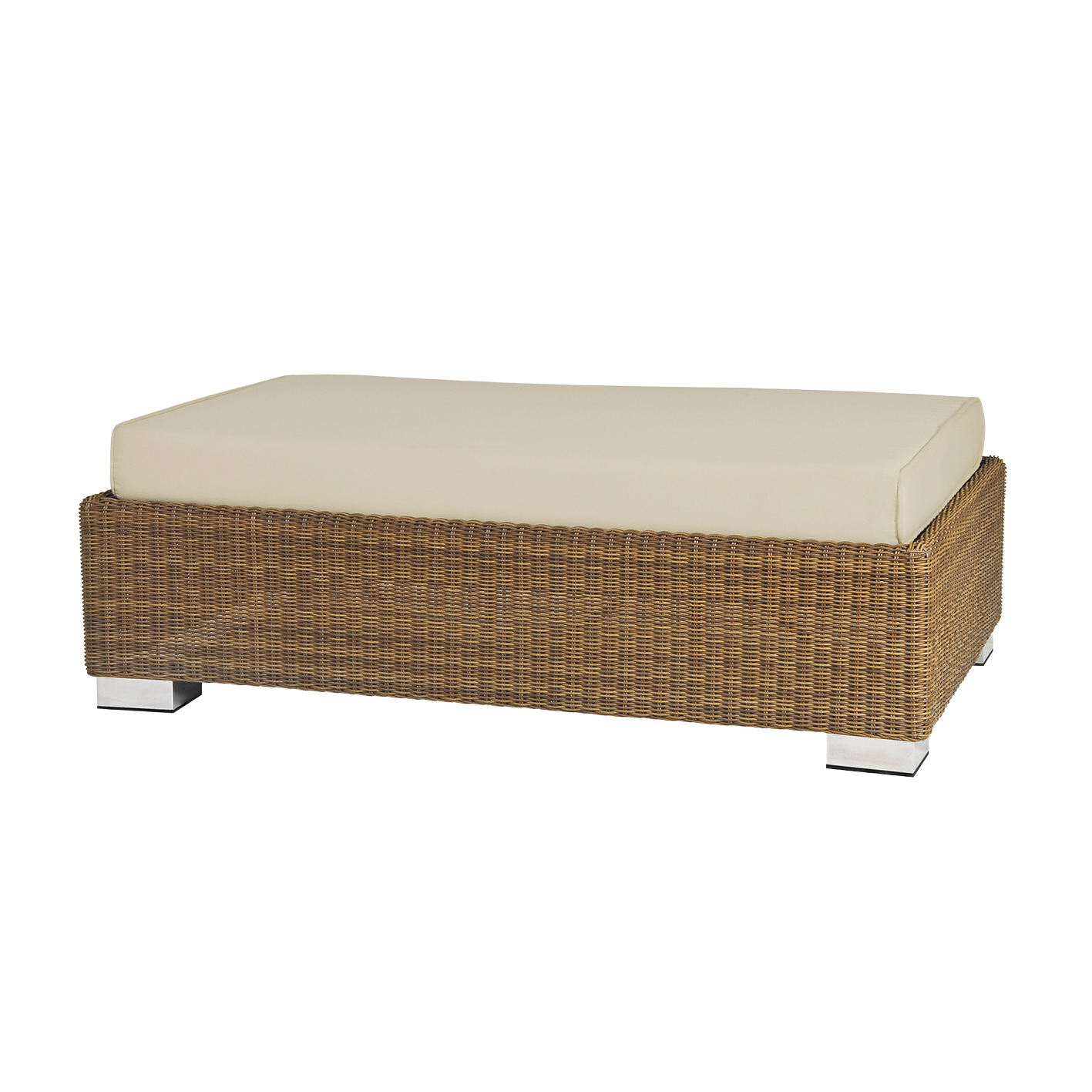 Wicker ottoman with a beige cushion on a white background