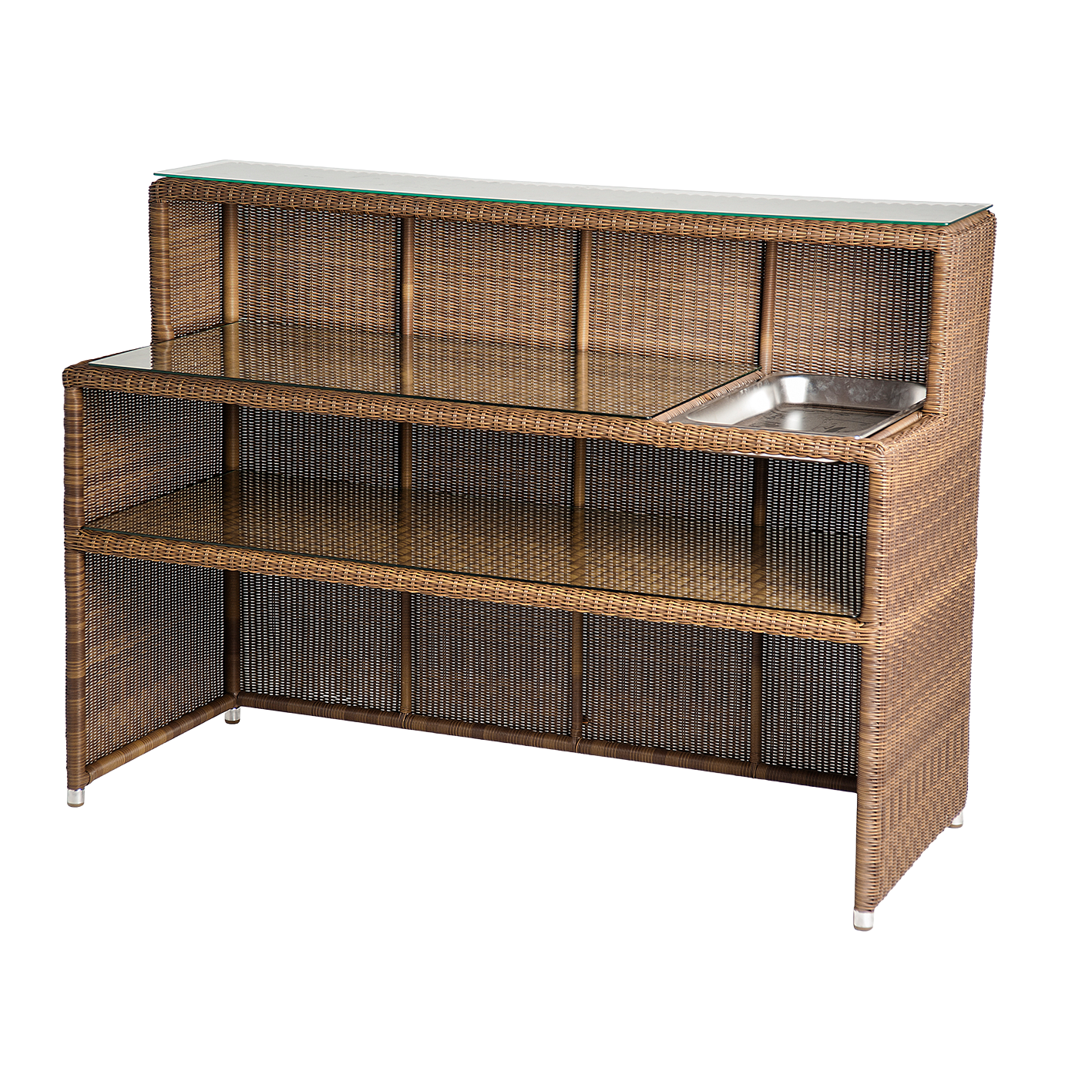 Wicker bar with glass top and tray on a white background
