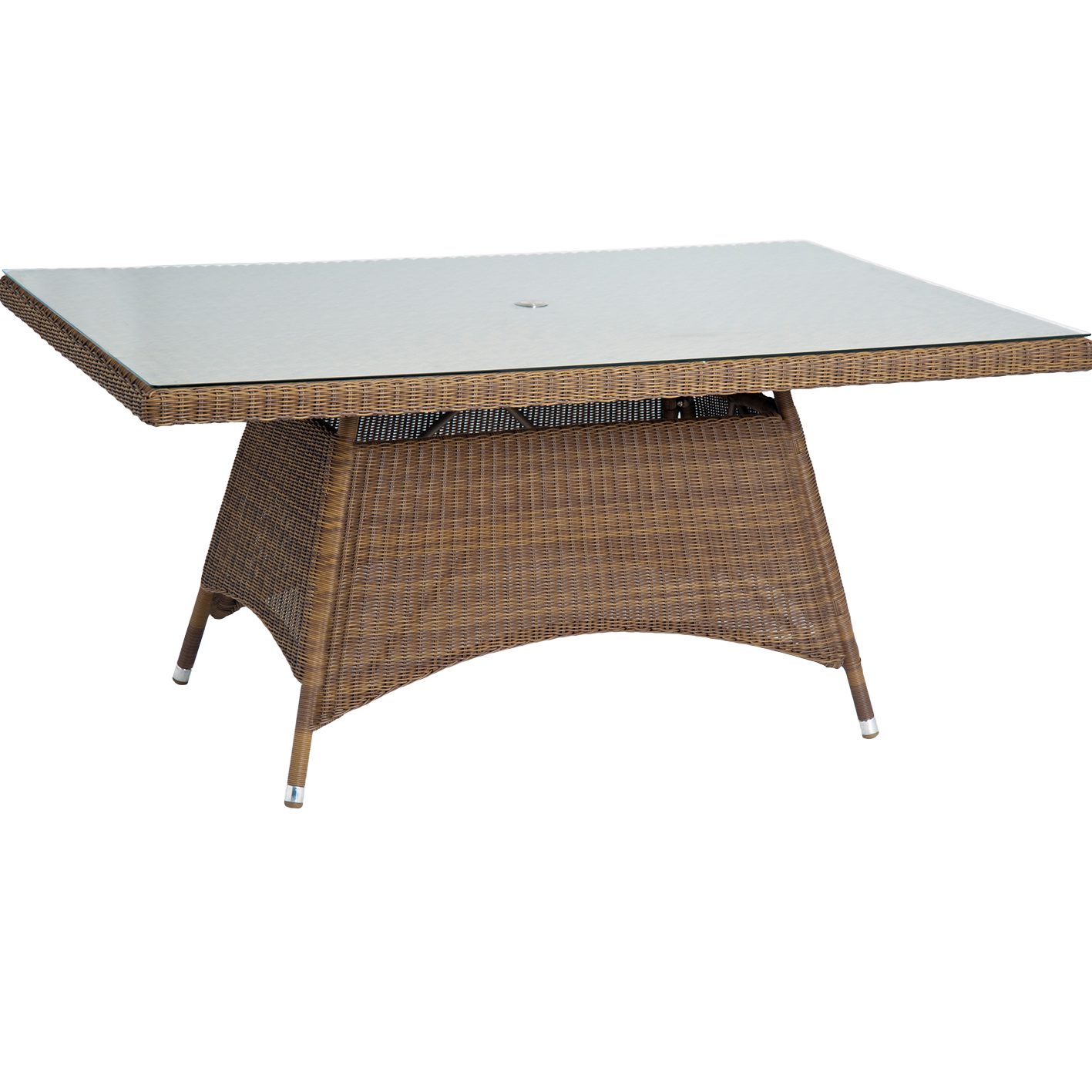 Rectangular outdoor table with wicker frame and glass top on a white background