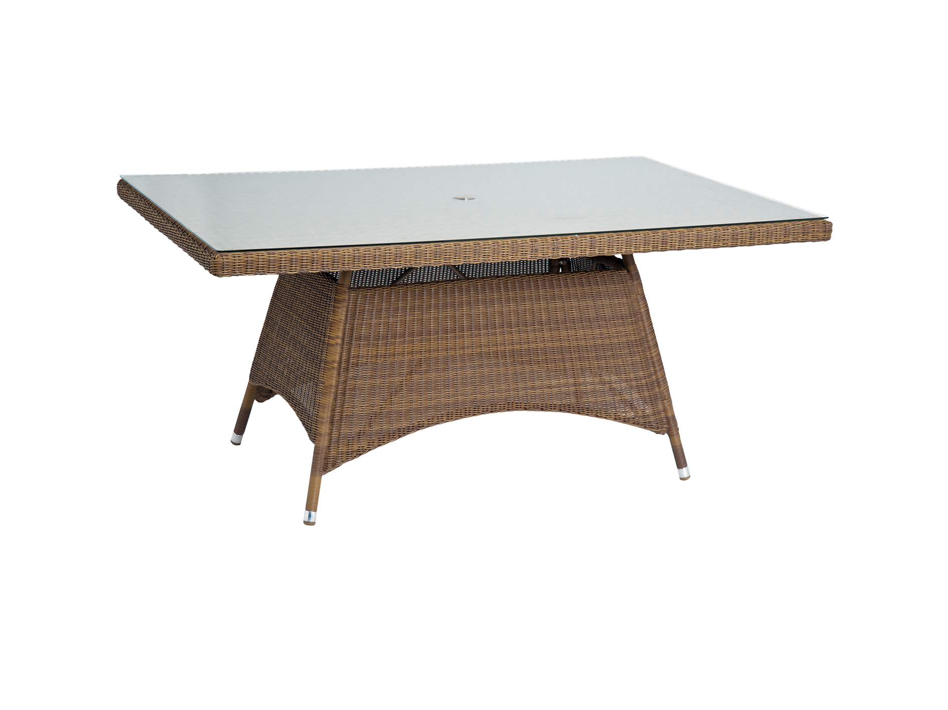 Rectangular outdoor table with wicker frame and glass top on a white background