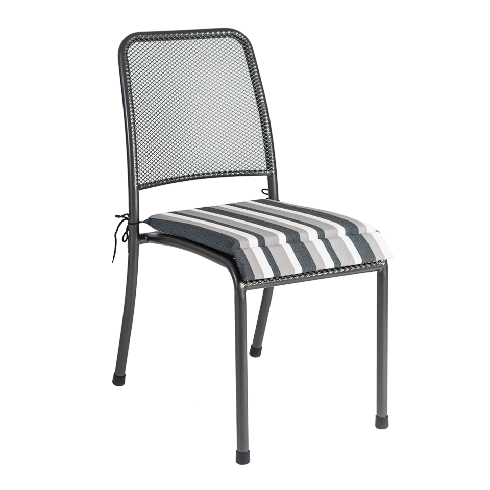 dark grey metal outdoor dining chair with a striped cushion