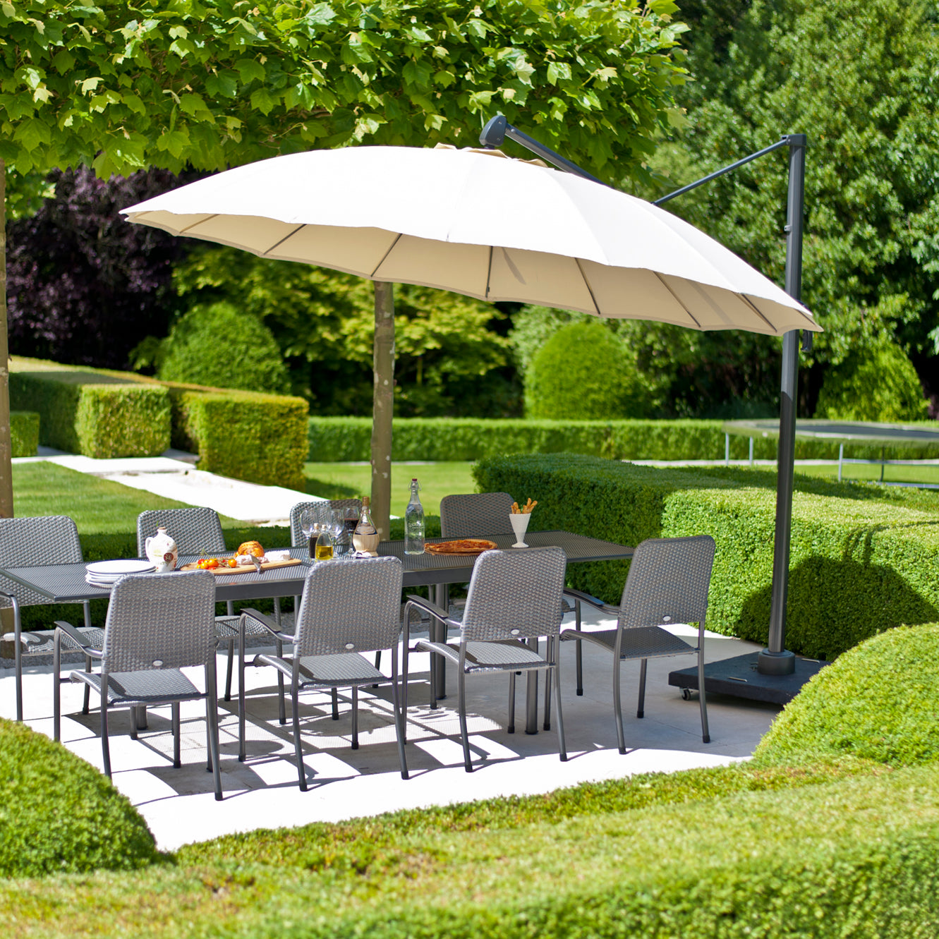 outdoor parasol shading luxury garden chairs