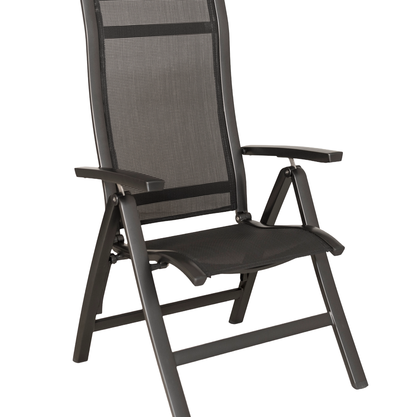 Black reclining chair with mesh back on a white background