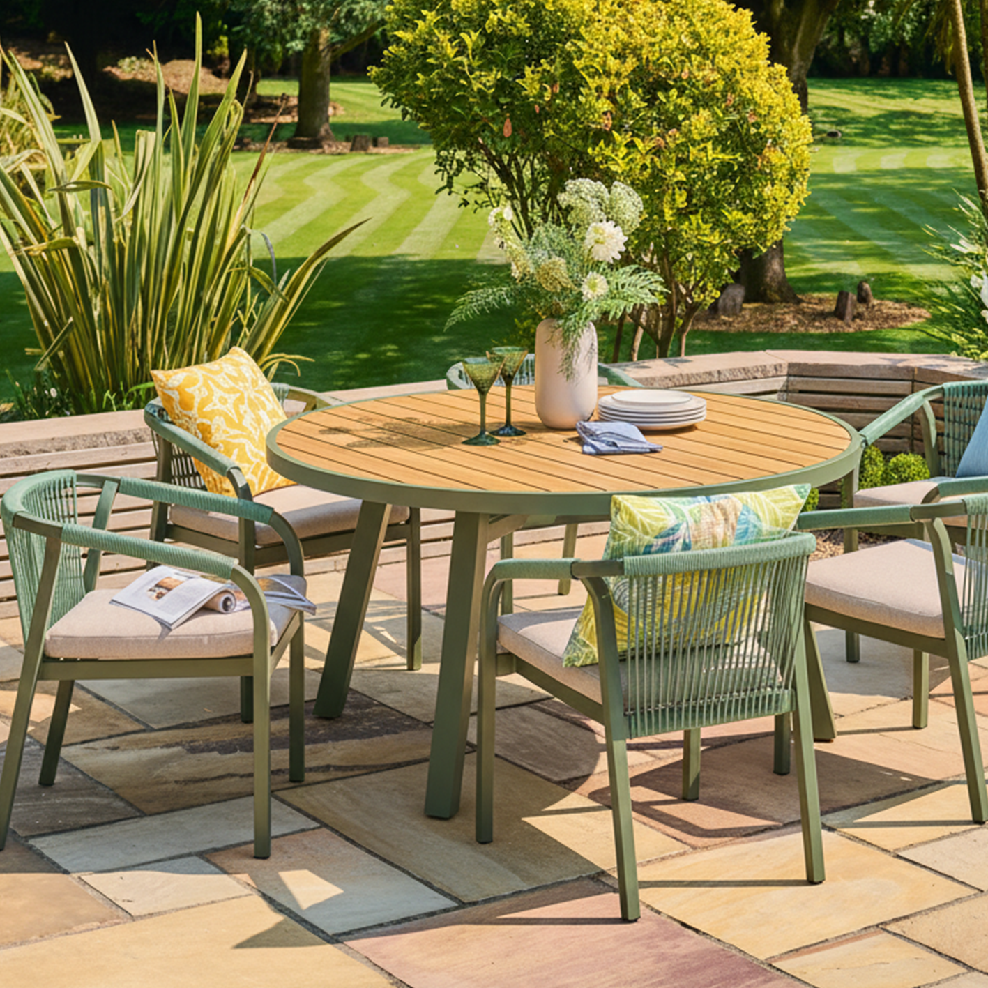 Outdoor patio set with wooden effect table and chairs on a stone patio