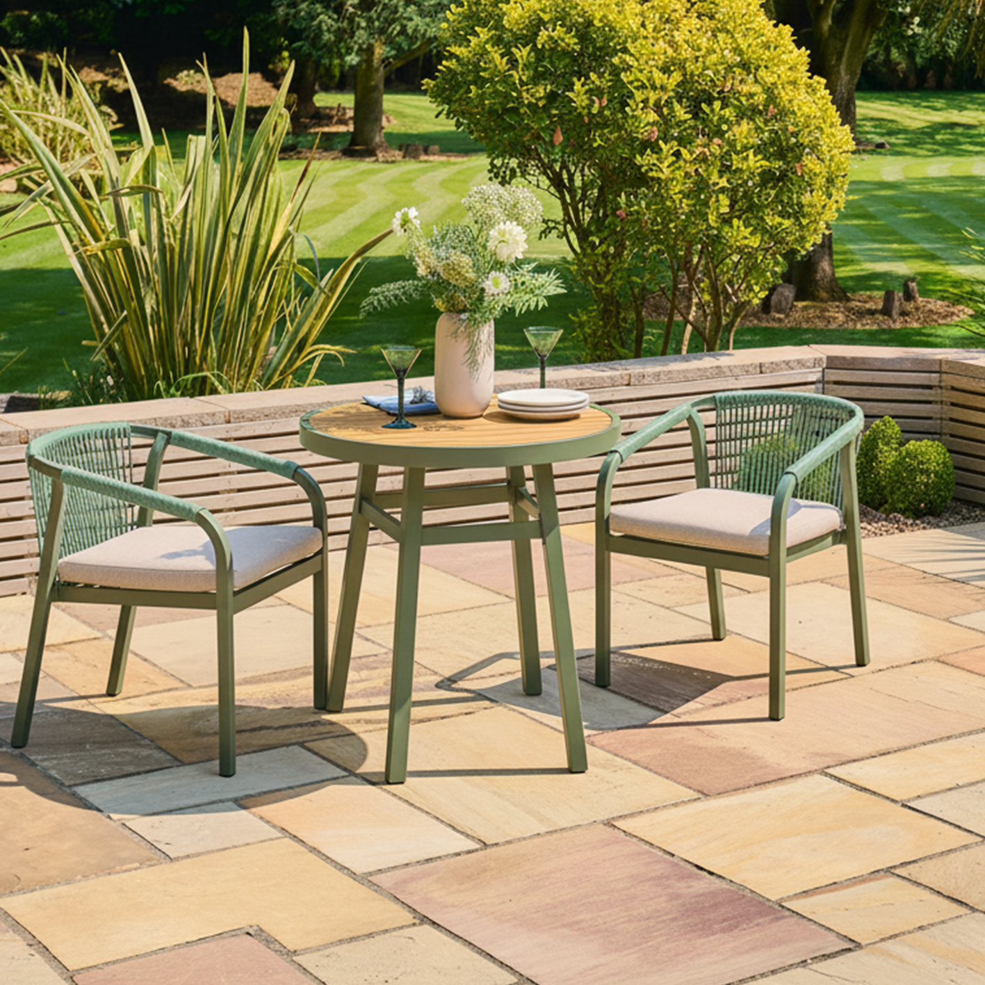 Outdoor patio bistro set with a round table and two chairs on a stone patio.